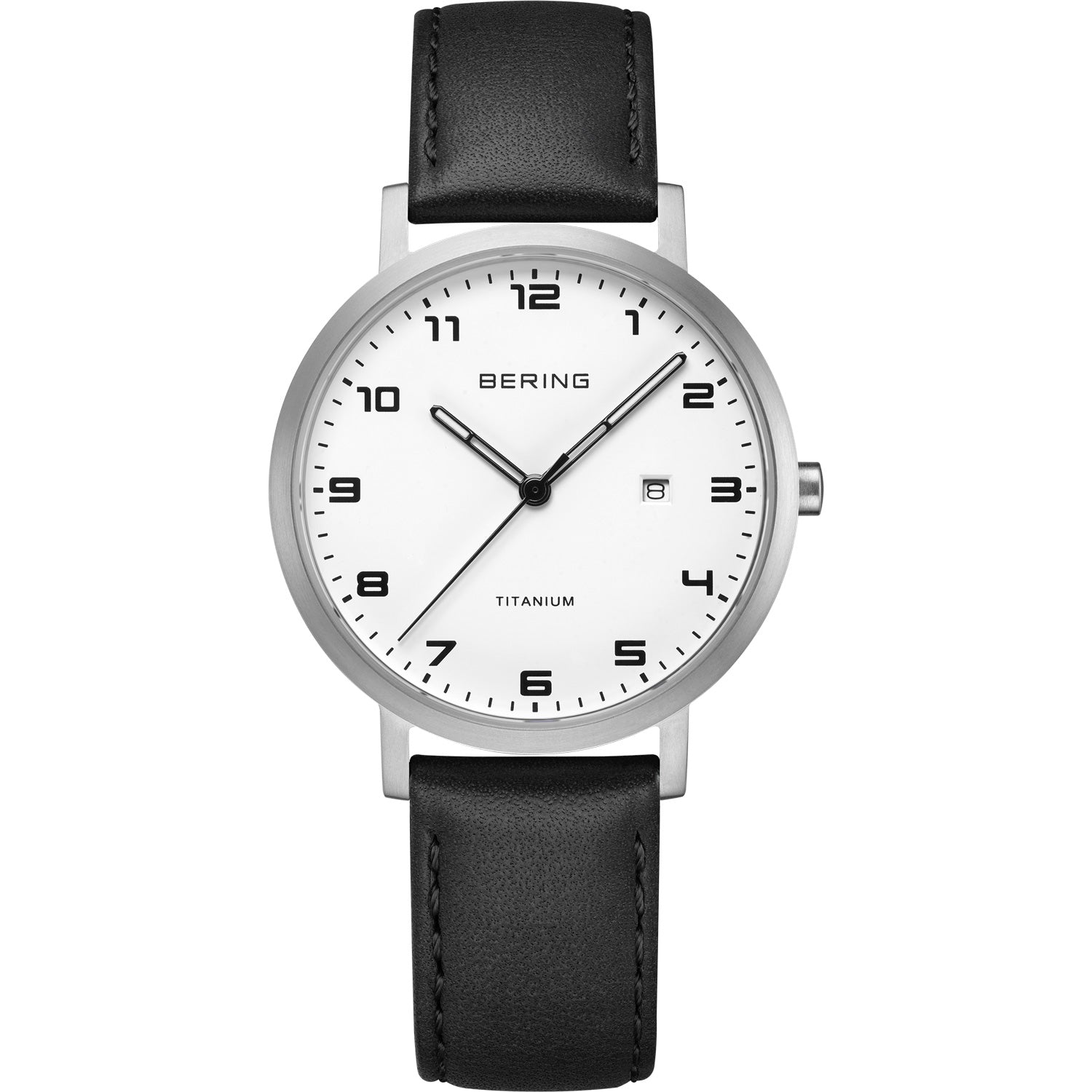 Montre Bering pour femme en titane, cadran noir, bracelet en cuir