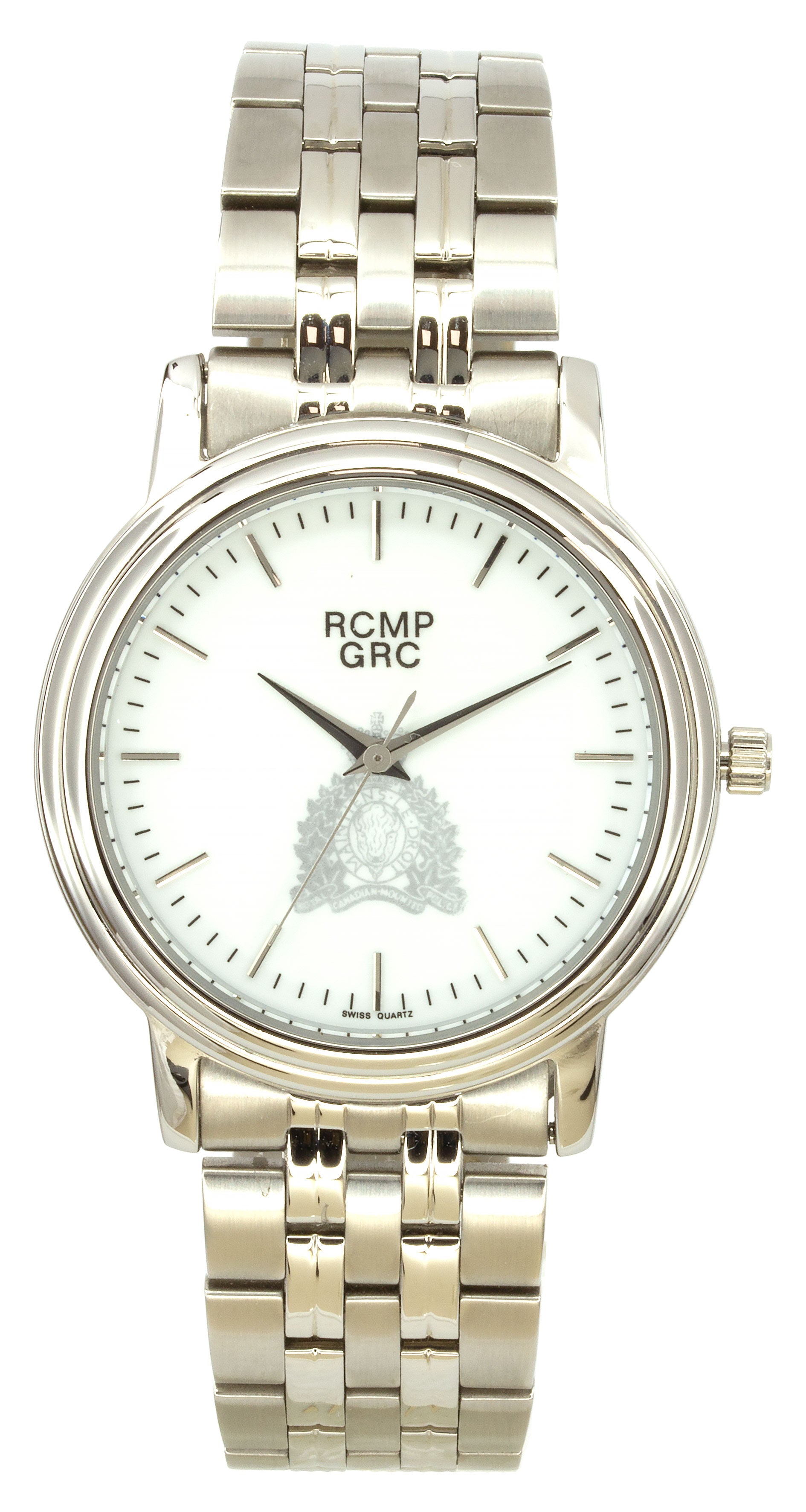 Montre RCMP pour homme, ton argent, cadran blanc, croissant argenté