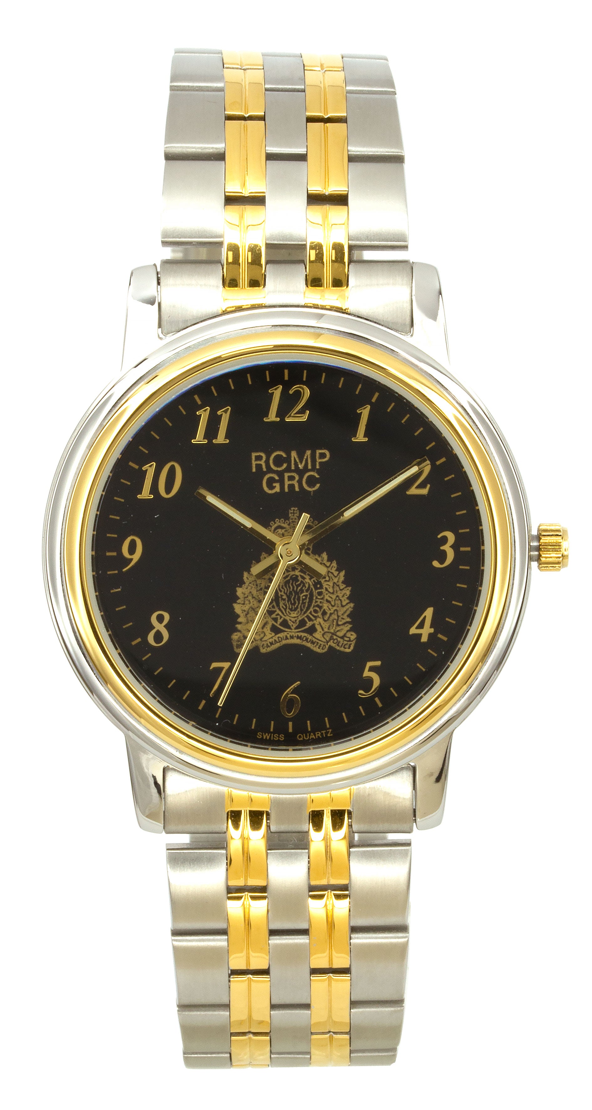 Montre Gendarmerie Royale du Canada pour homme, ton or et argent, cadran noir, croissant de lune doré