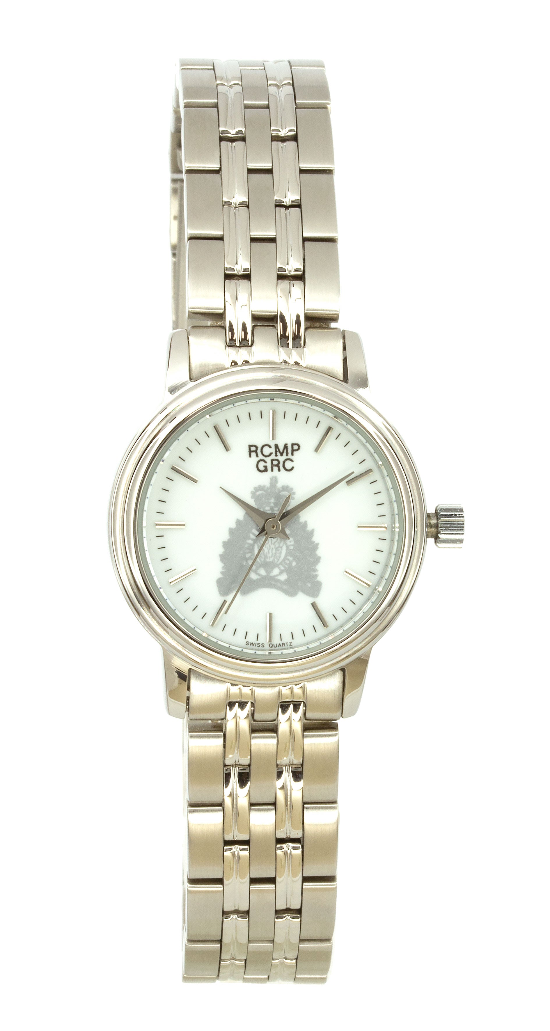 Montre RCMP pour femme, ton argent, cadran blanc, croissant argenté