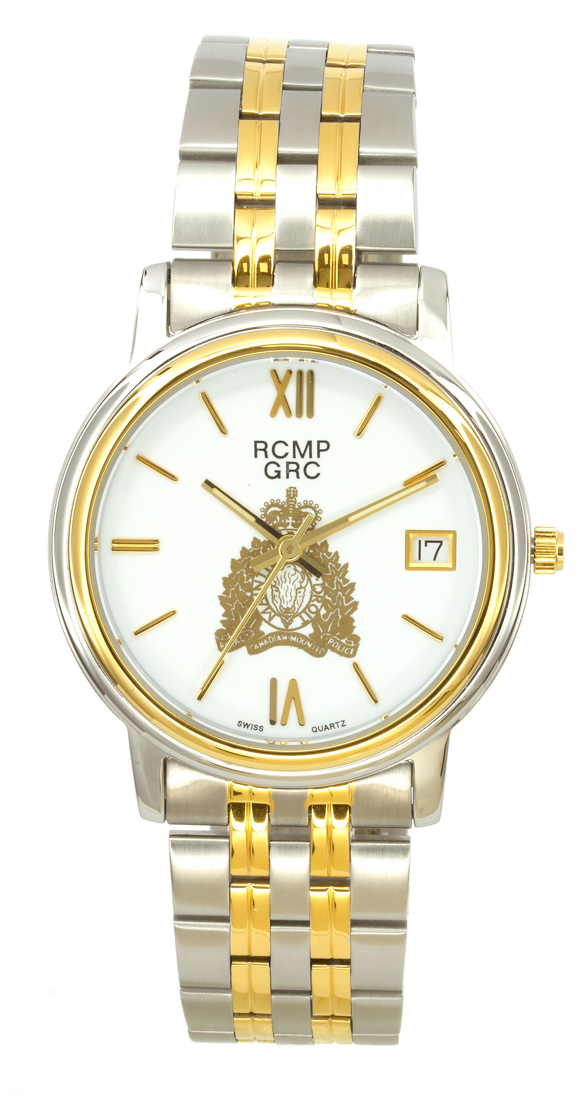 Montre gendarmerie Royale du Canada pour homme, ton or/argent, cadran blanc, croissant doré
