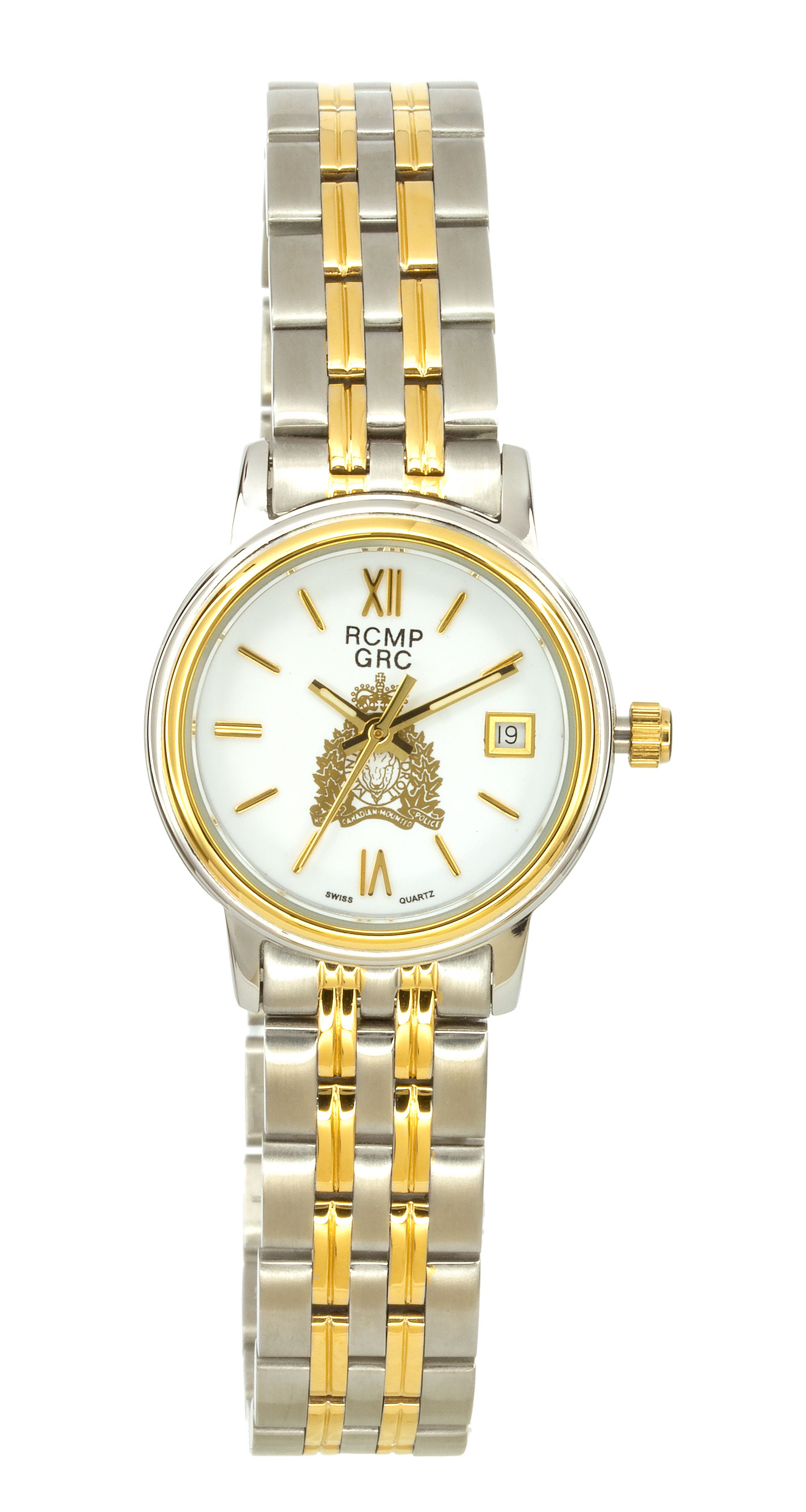 Montre gendarmerie pour femme, ton or/argent, cadran blanc, croissant