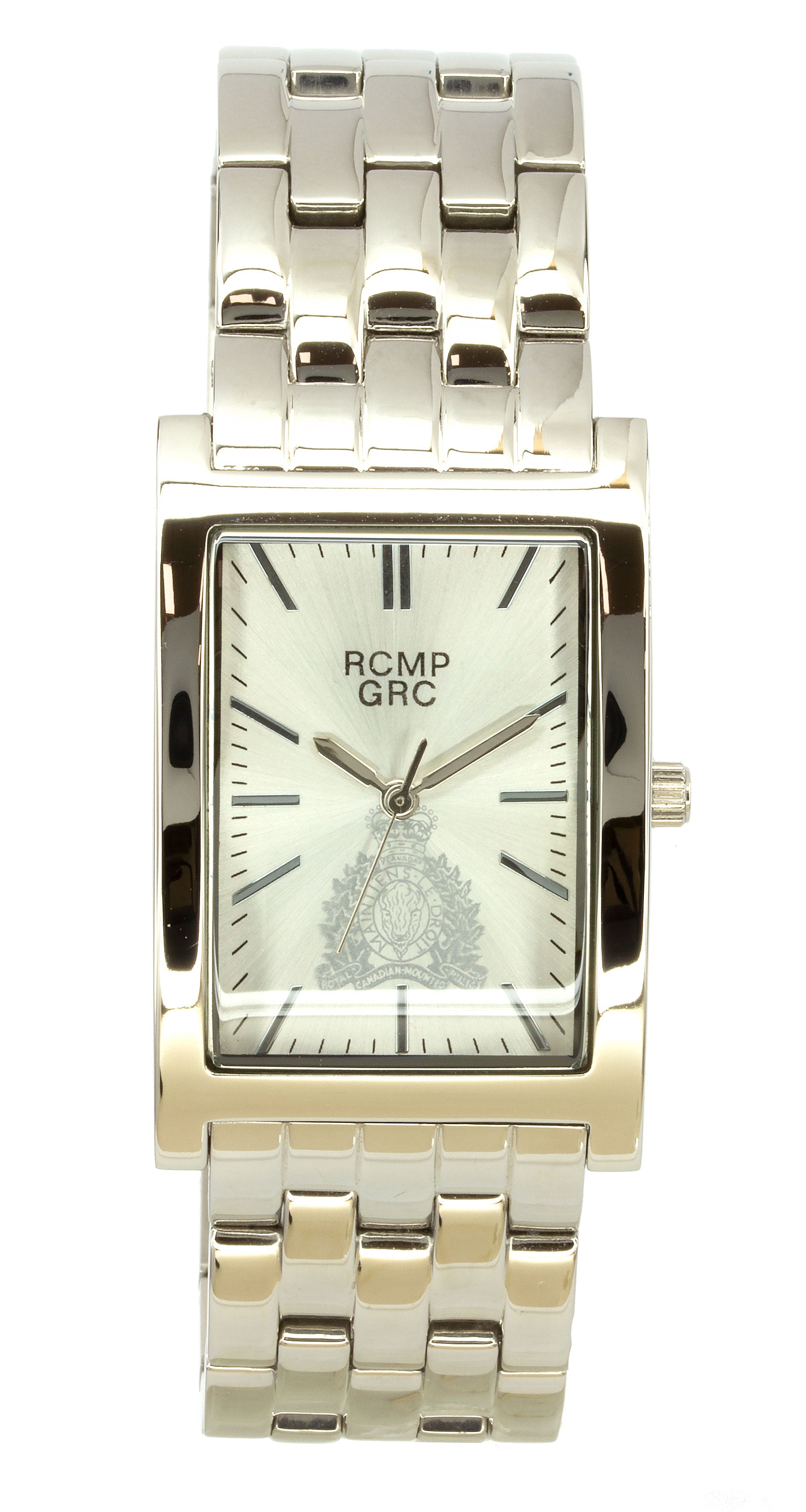 Montre rectangulaire RCMP, cadran blanc, croissant argenté