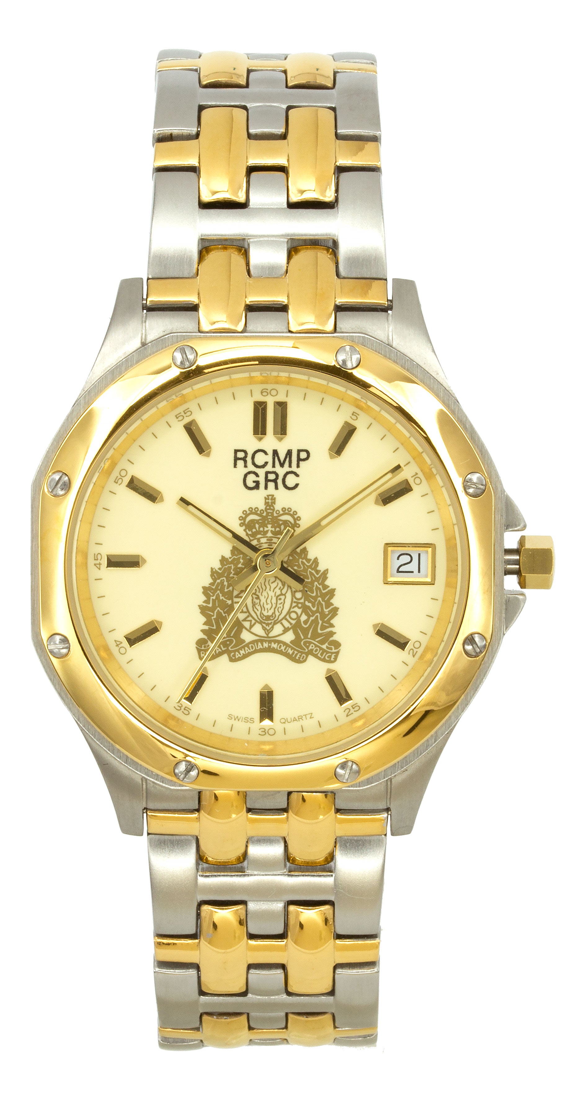 Montre Gendarmerie royale du Canada pour hommes, ton or/argent, cadran doré, croissant doré