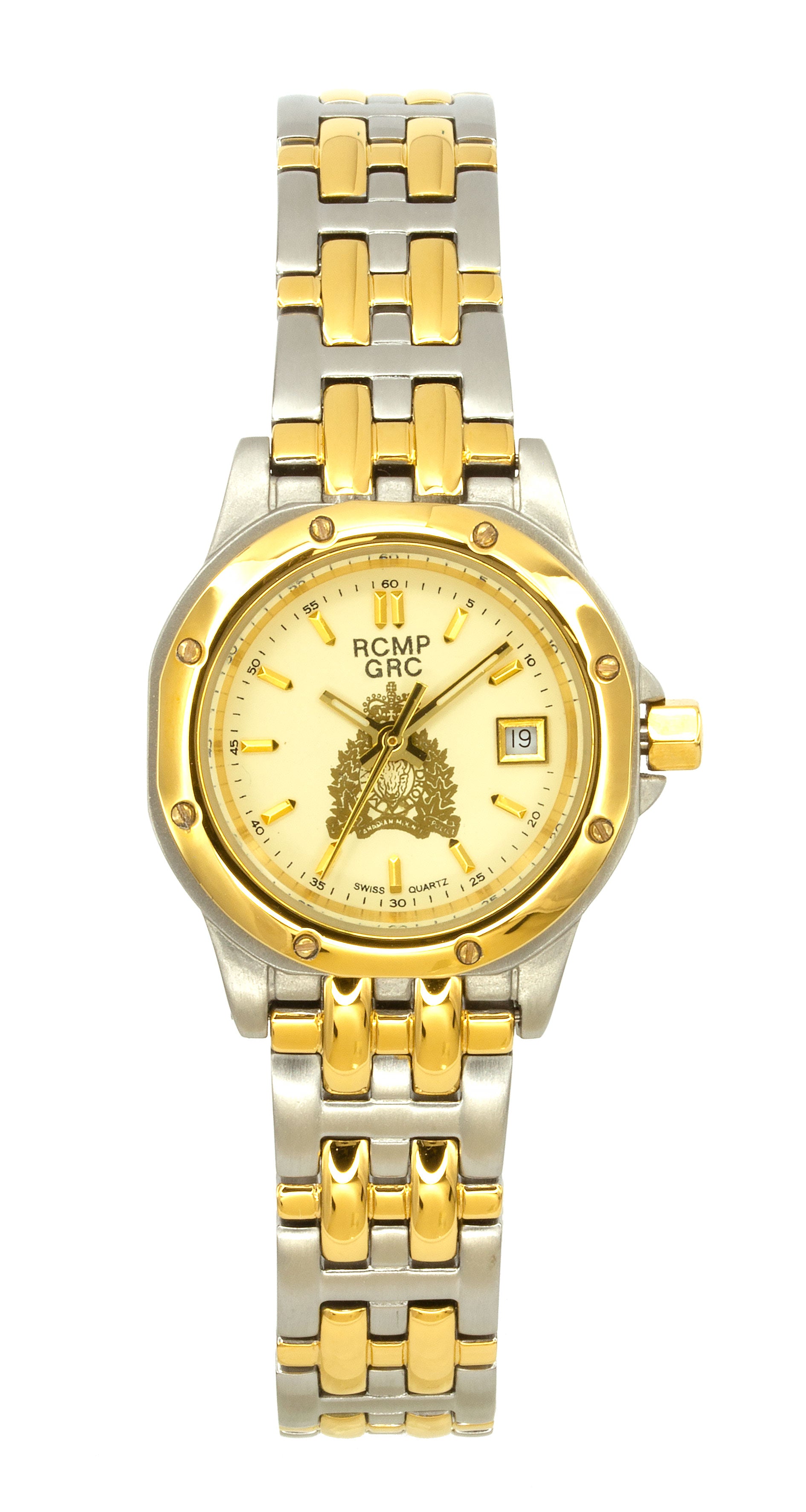 Montre RCMP pour femme, ton or/argent, cadran or, croissant doré