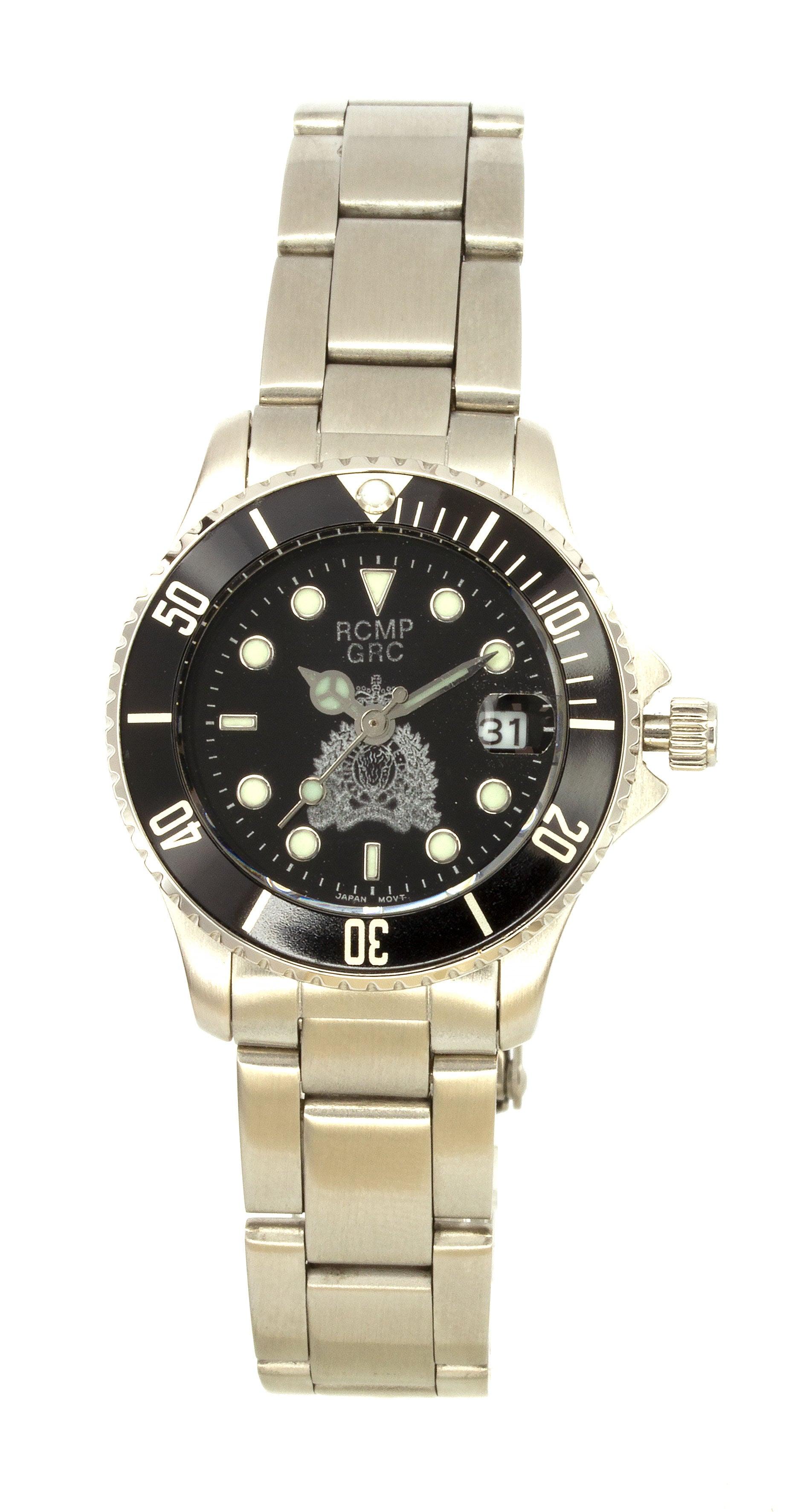 Montre de plongée RCMP pour homme en acier inoxydable, cadran noir, croissant argenté