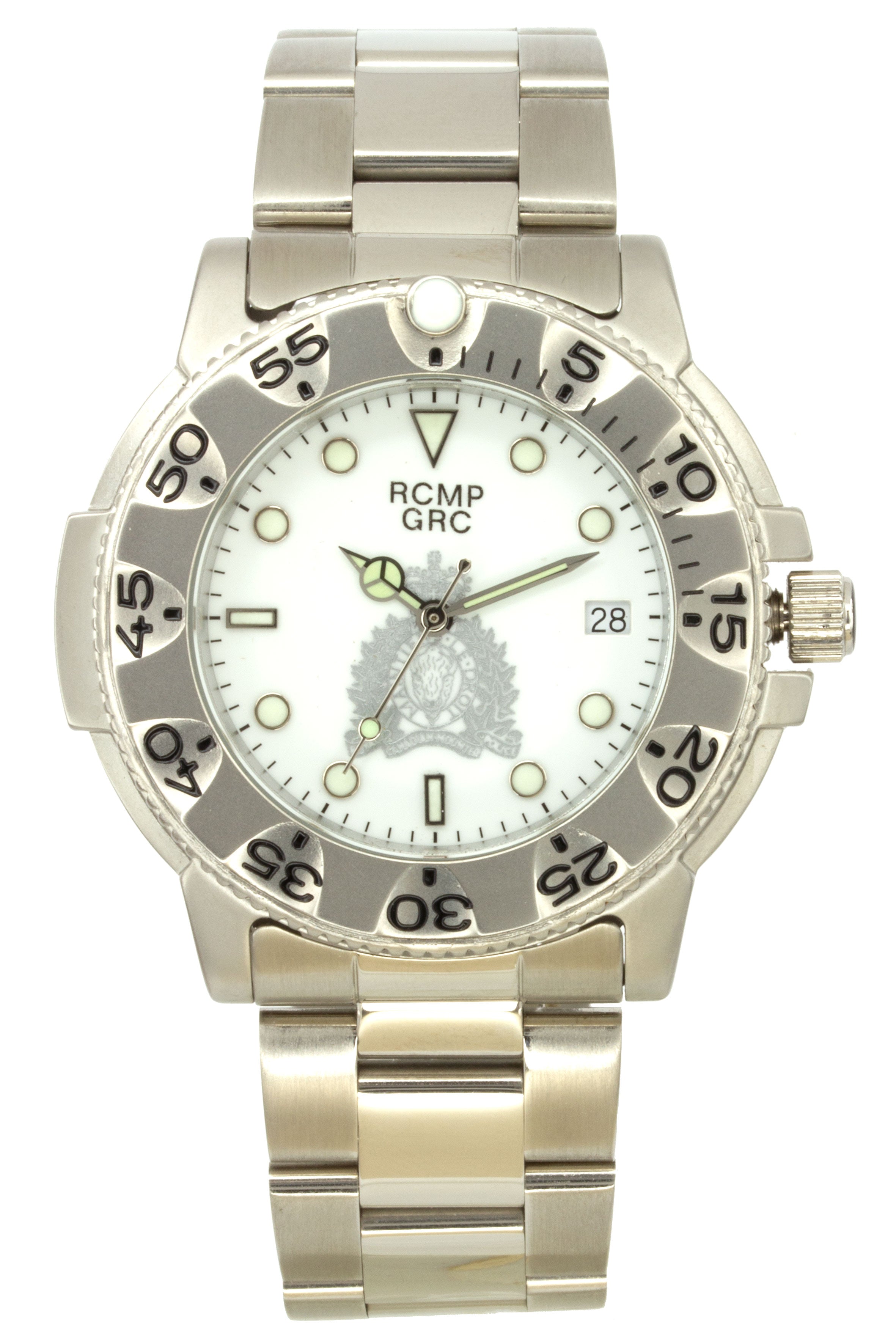 Montre de plongée RCMP pour homme en acier inoxydable, cadran blanc, croissant argenté