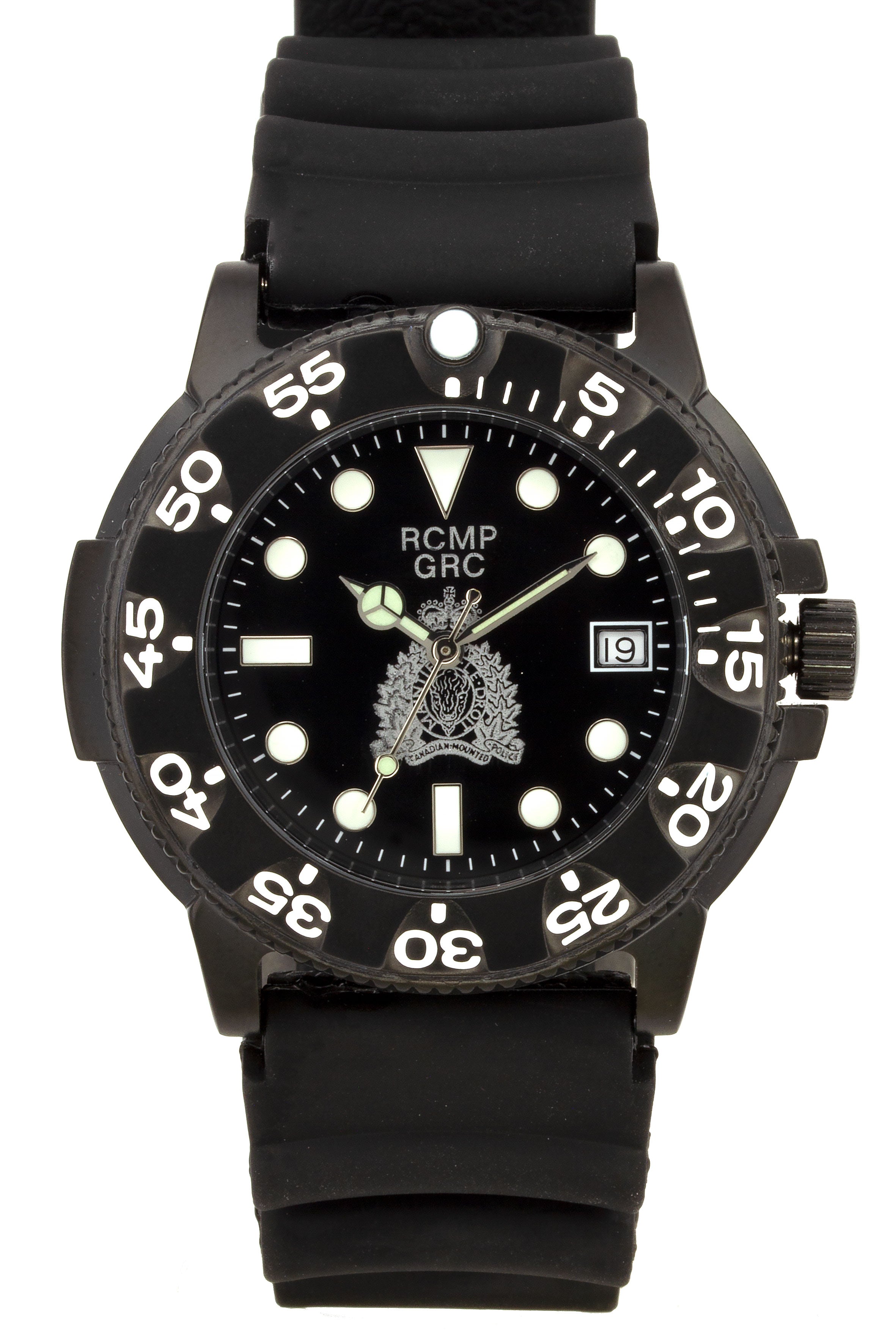Montre de plongée en acier inoxydable noir GRC, cadran noir, croissant argenté