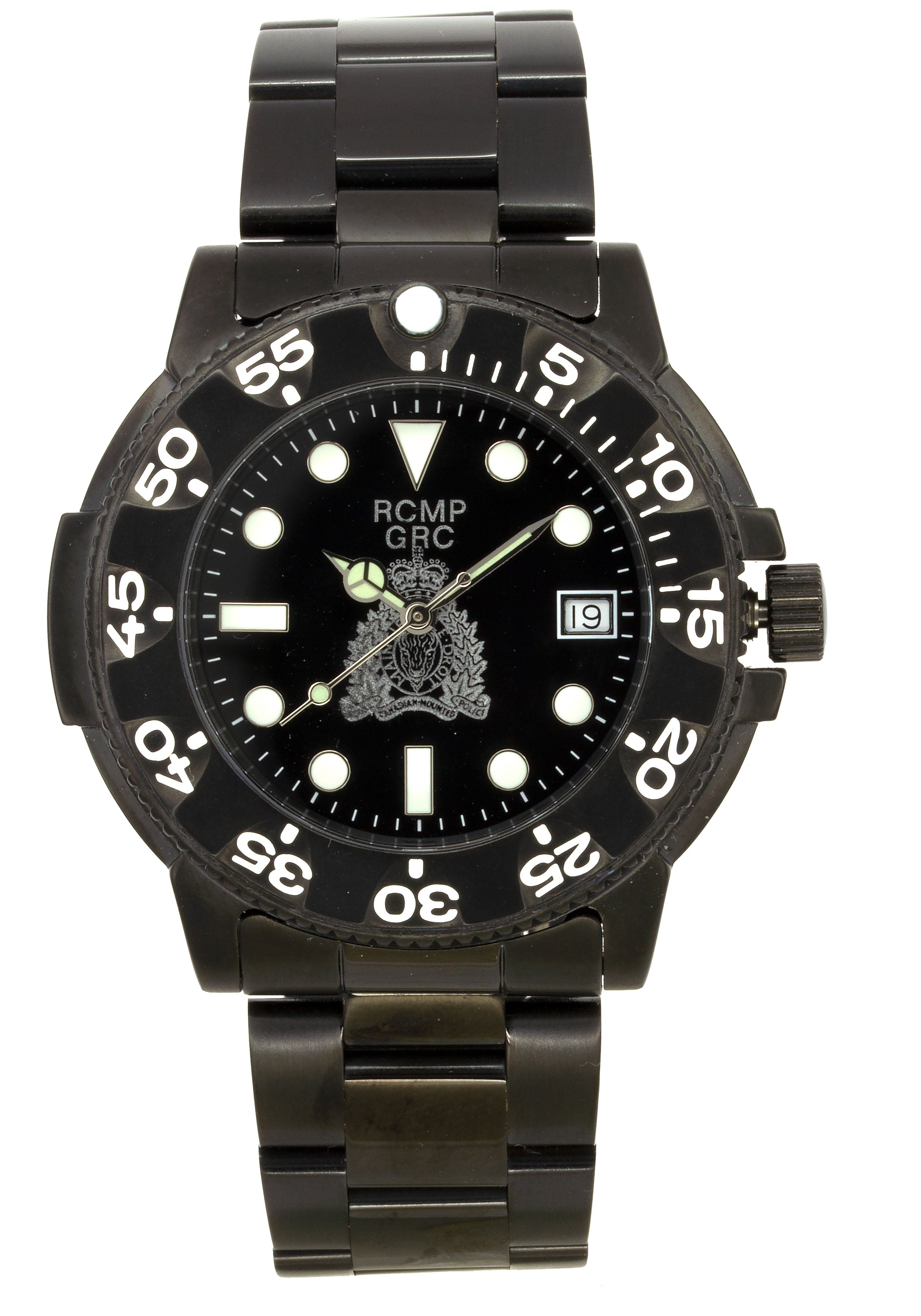 Montre de plongée en acier inoxydable noir GRC, cadran noir, croissant argenté