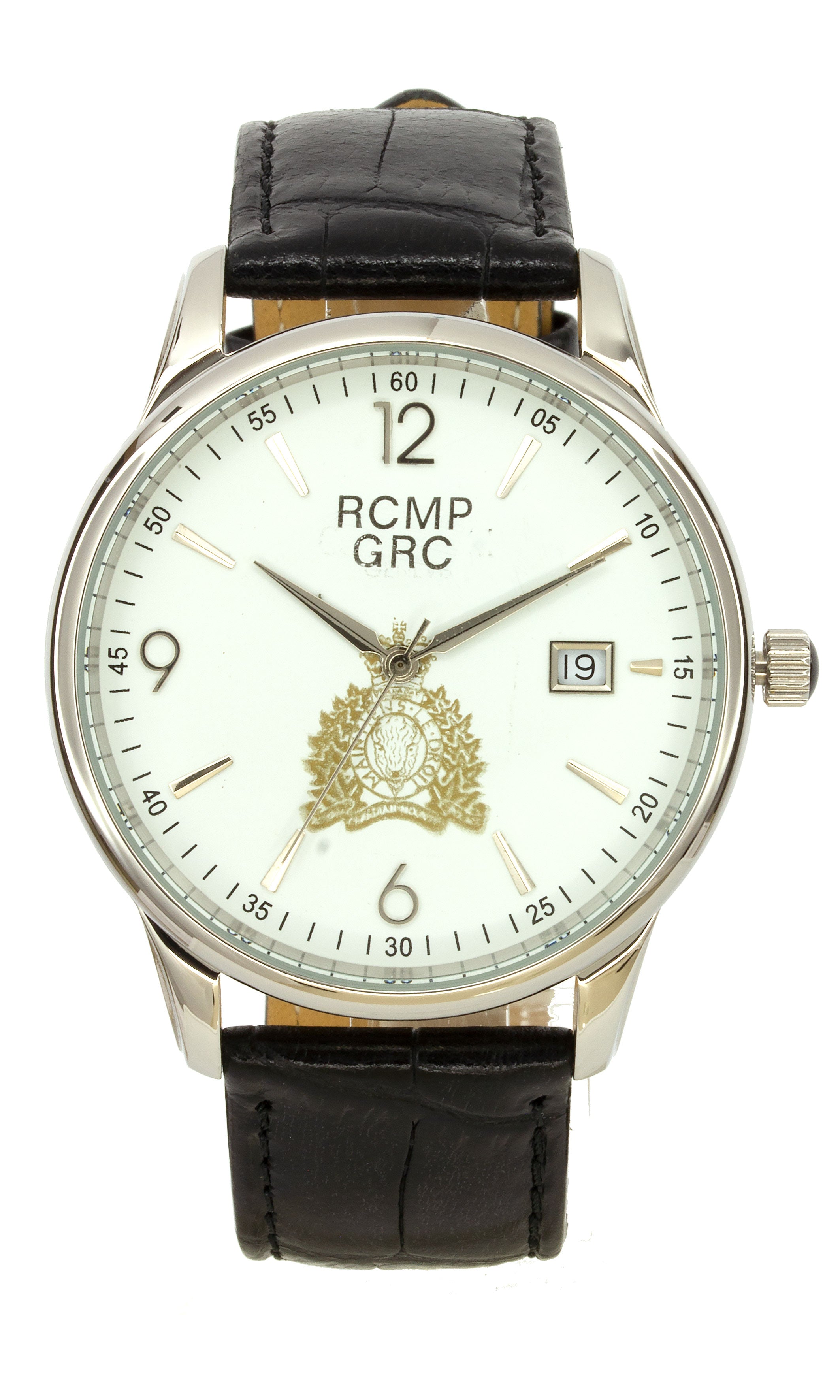 Montre RCMP ton argent pour homme, cadran blanc, croissant doré