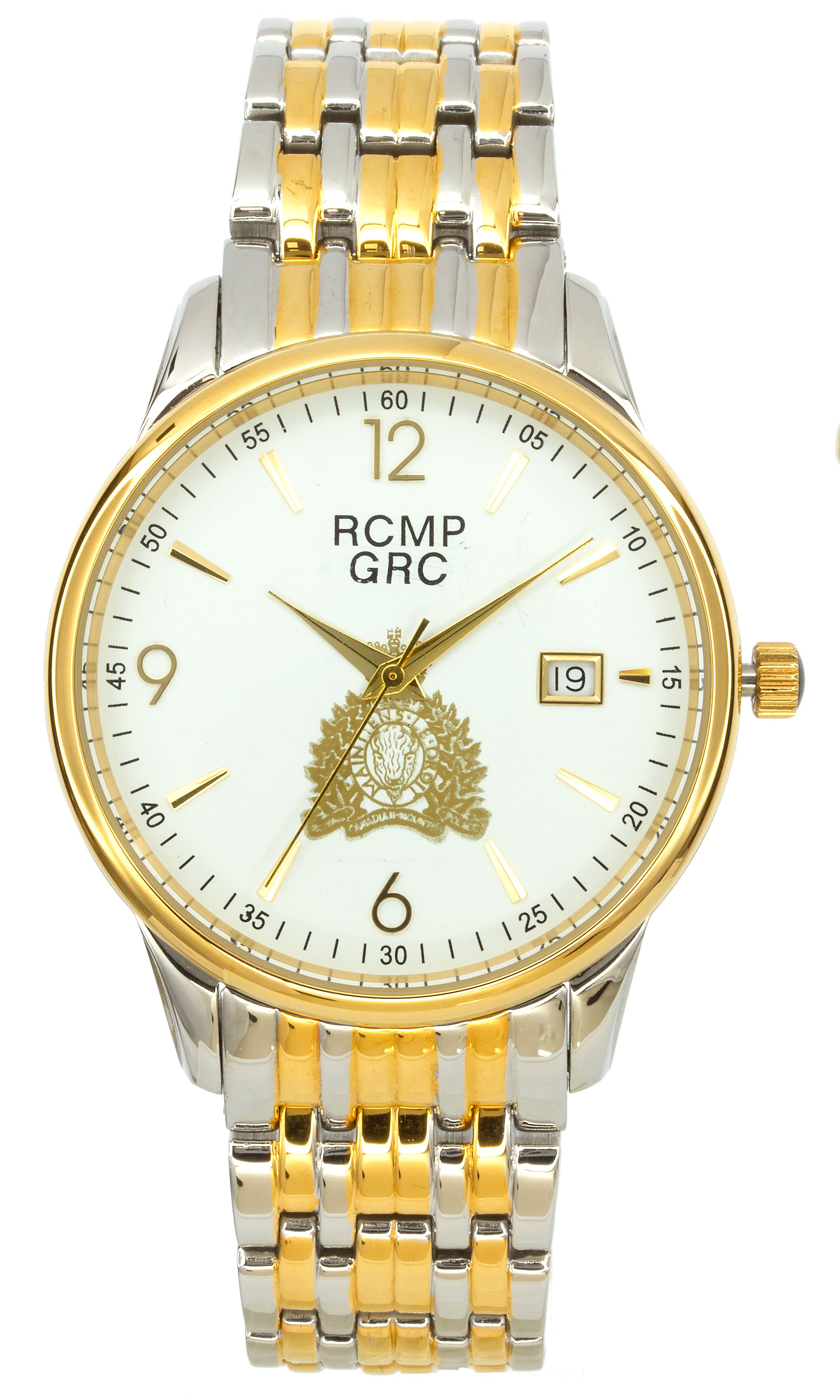 Montre Gendarmerie Royale du Canada pour homme, ton or/argent, cadran blanc, croissant doré