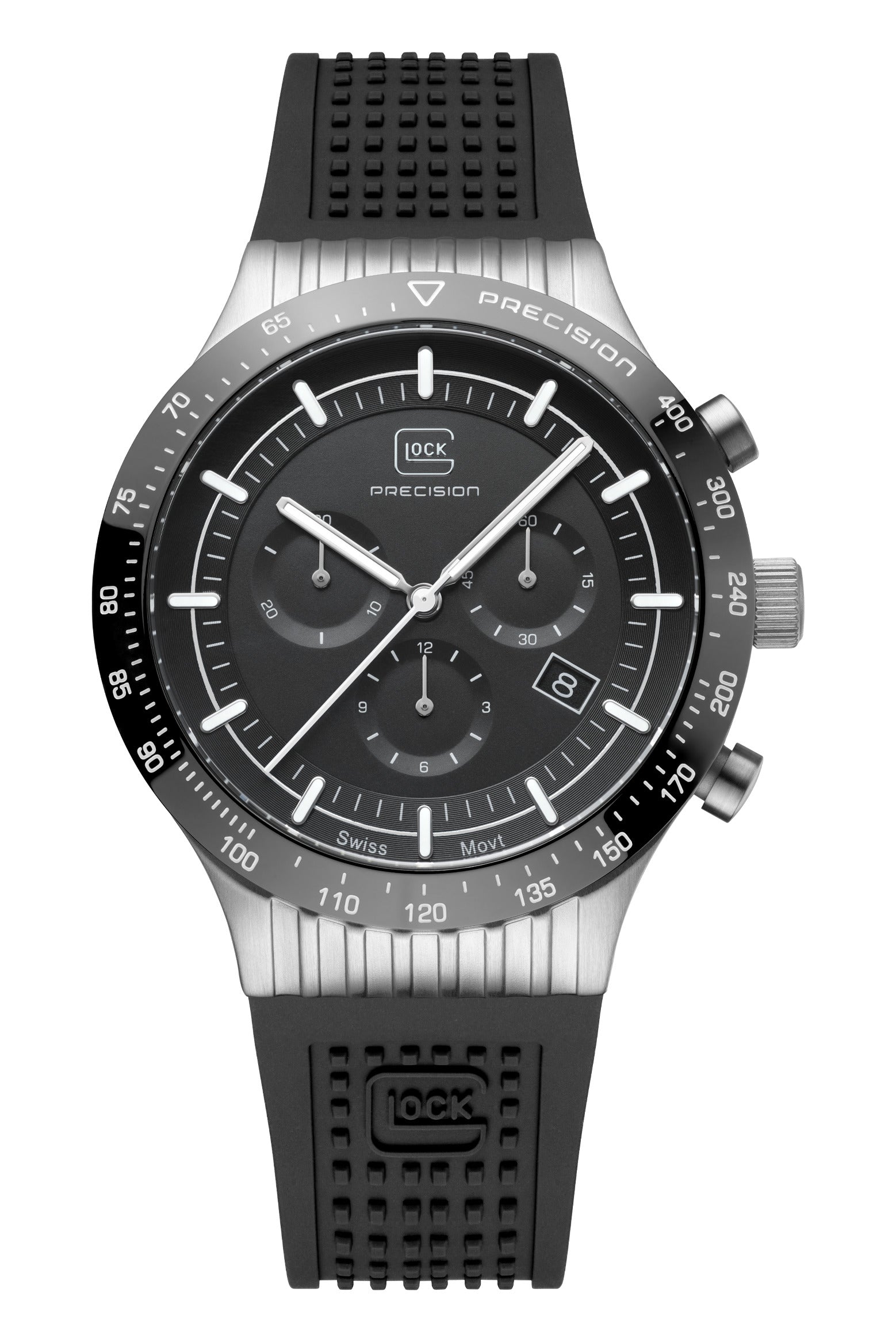 Black and silver watch with detailed face on a white background