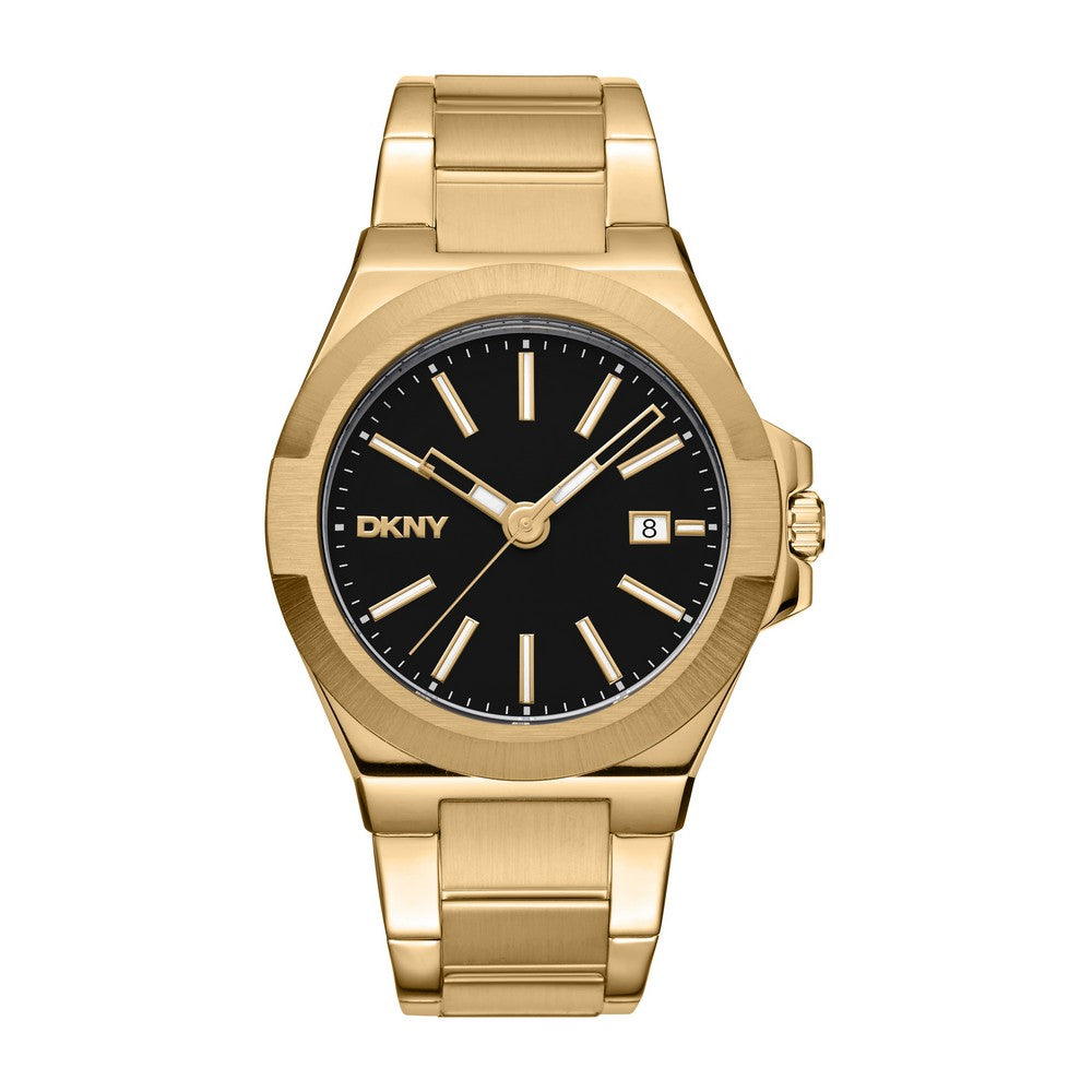 Montre DKNY homme, boîtier couleur or, cadran noir, bracelet en métal couleur or, 3 aiguilles date, étanche 10 ATM