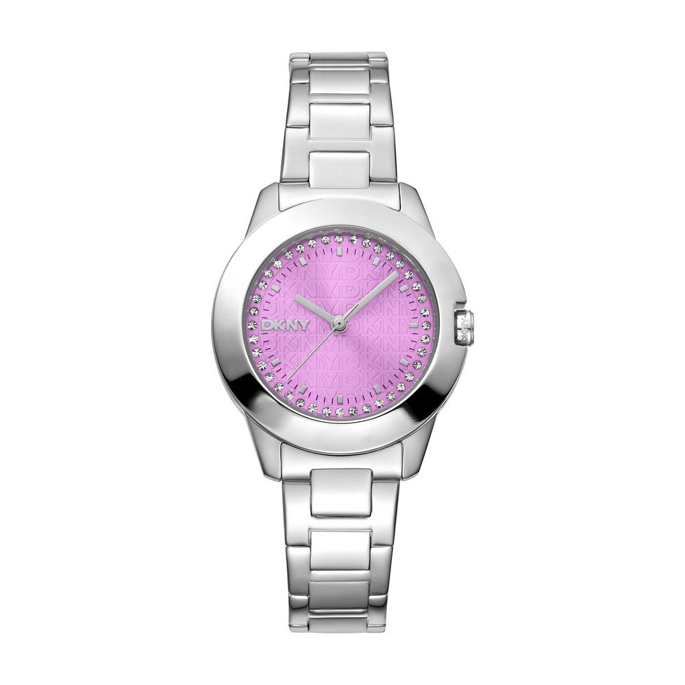 Montre femme DKNY, boîtier couleur argent, cadran rose, bracelet en métal couleur argent, 3 aiguilles, 5 ATM