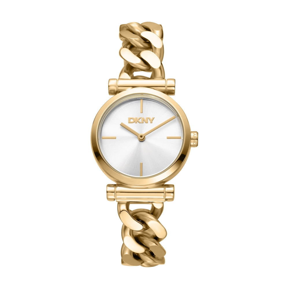 Montre DKNY femme, boîtier couleur or, cadran argent, bracelet en métal couleur or, 2 aiguilles, étanche 5 ATM