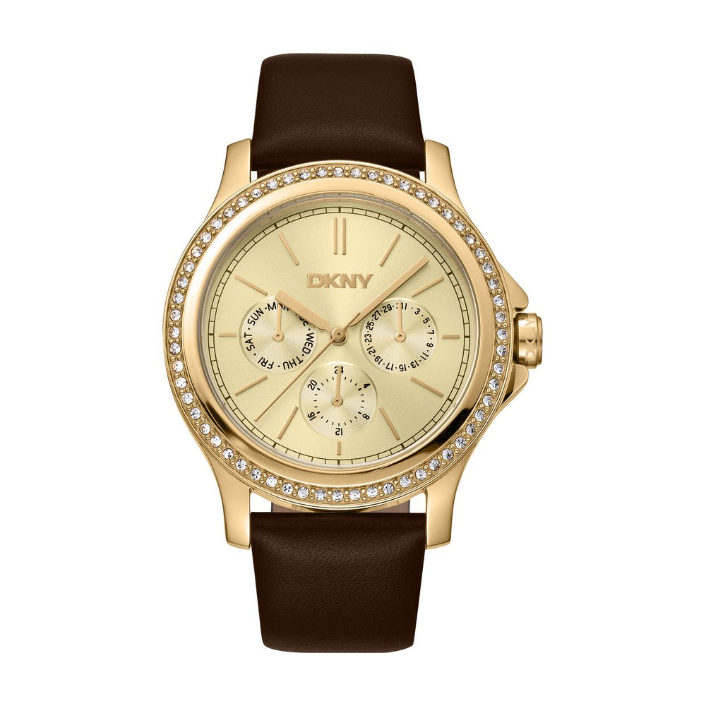 Montre femme DKNY, boîtier couleur or, cadran champagne, bracelet en cuir marron, multifonction, 5 ATM