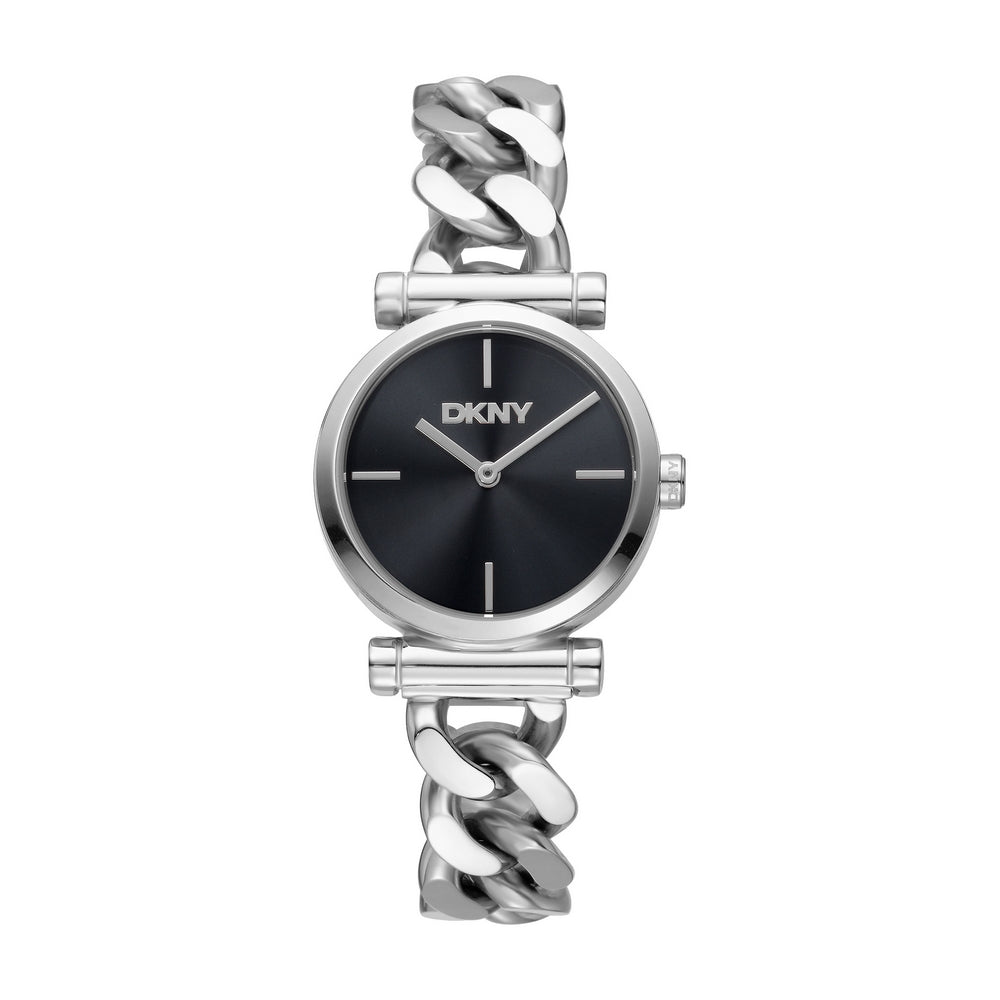 Montre femme DKNY, boîtier couleur argent, cadran noir, bracelet en acier inoxydable, 2 aiguilles, étanche 5 ATM