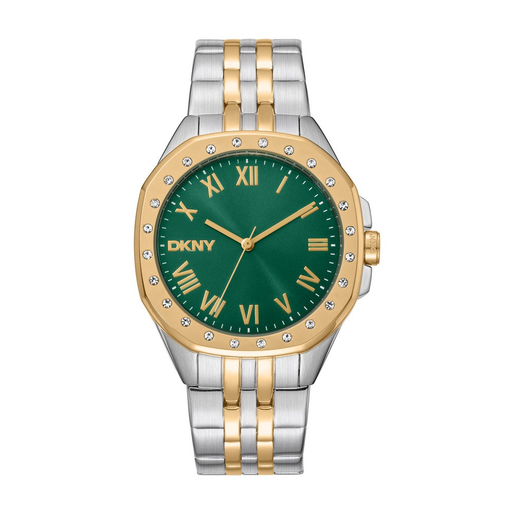 Montre femme DKNY, Boîtier bicolore argent et or, Cadran vert foncé, Bracelet en métal bicolore argent et or, 3 aiguilles, 5 ATM