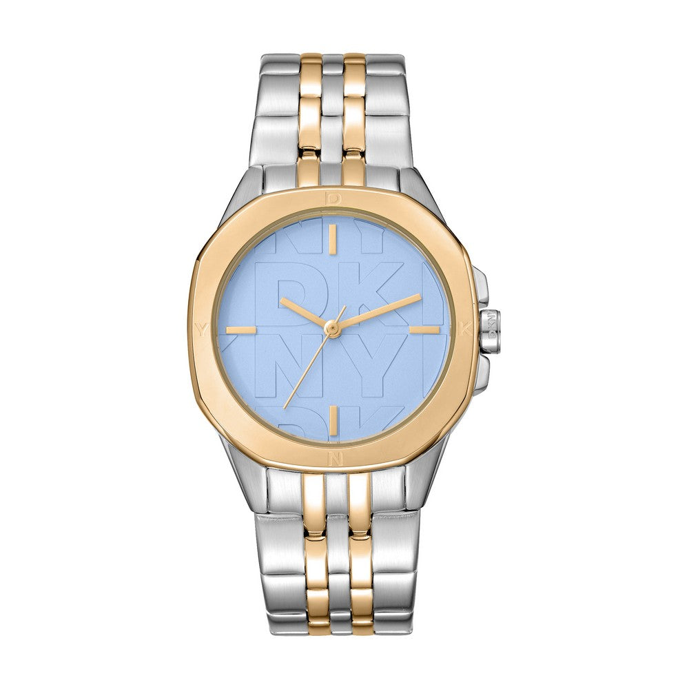 Montre femme DKNY, boîtier bicolore argent et or, cadran bleu clair, bracelet en métal bicolore argent et or, 3 aiguilles, 5 ATM