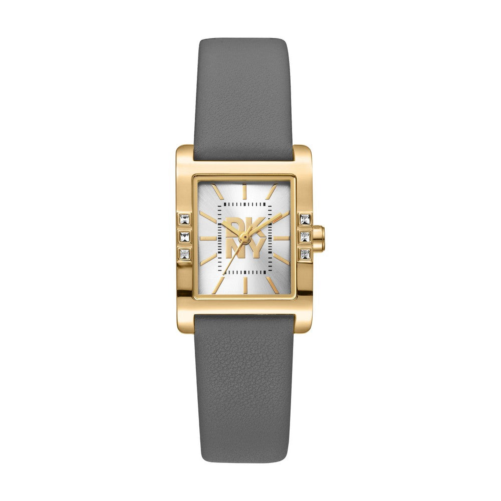 Montre femme DKNY, boîtier couleur or, cadran argenté, bracelet en cuir gris, 3 aiguilles, 3 ATM