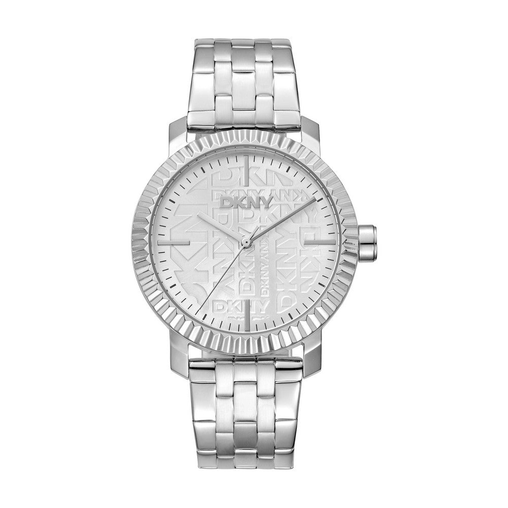 Montre femme DKNY, boîtier couleur argent, cadran argenté, bracelet en acier inoxydable, 3 aiguilles, 5 ATM