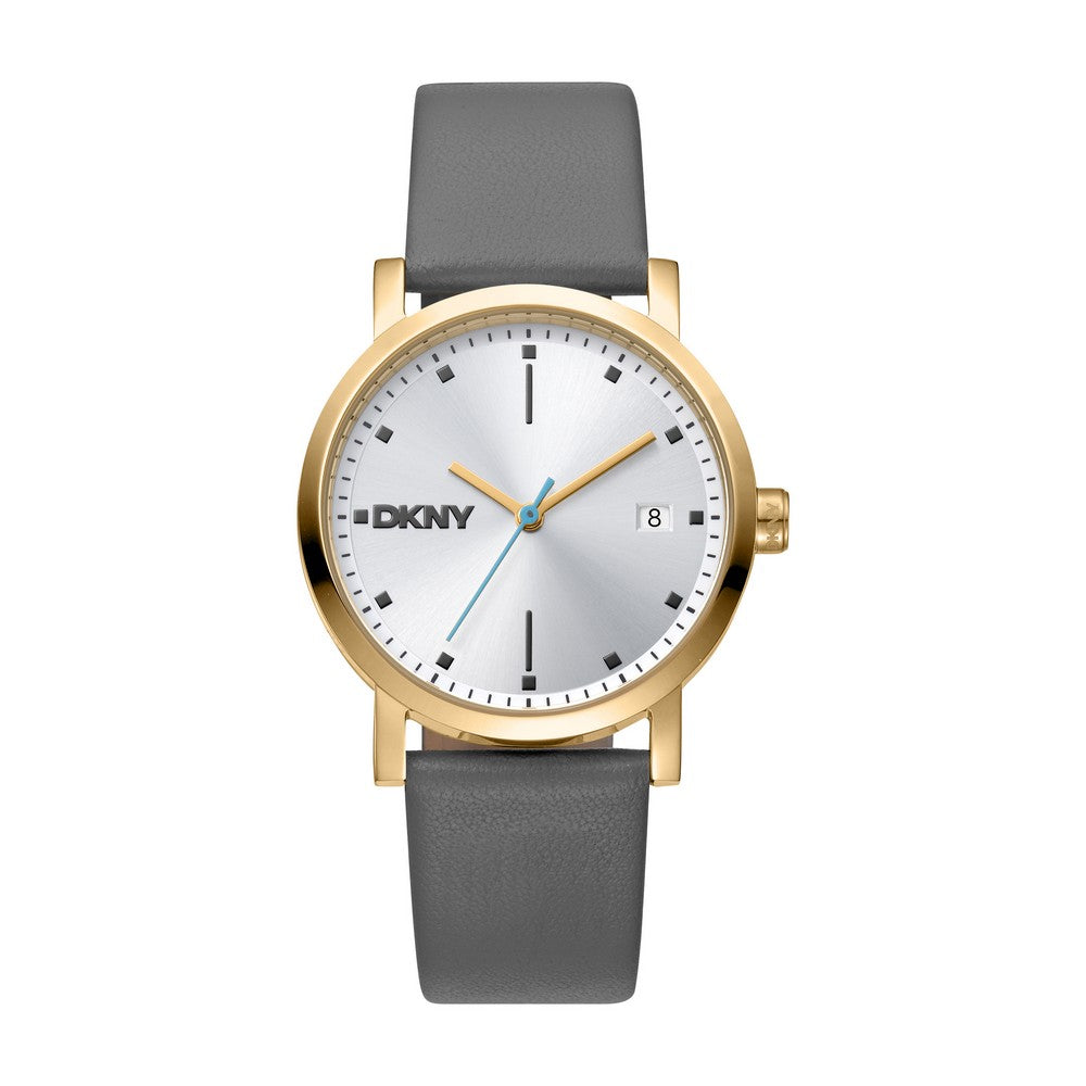 Montre Femme DKNY, Boîtier Couleur Or, Cadran Argent, Bracelet Cuir Gris, Date 3 Aiguilles, Étanchéité 5 ATM