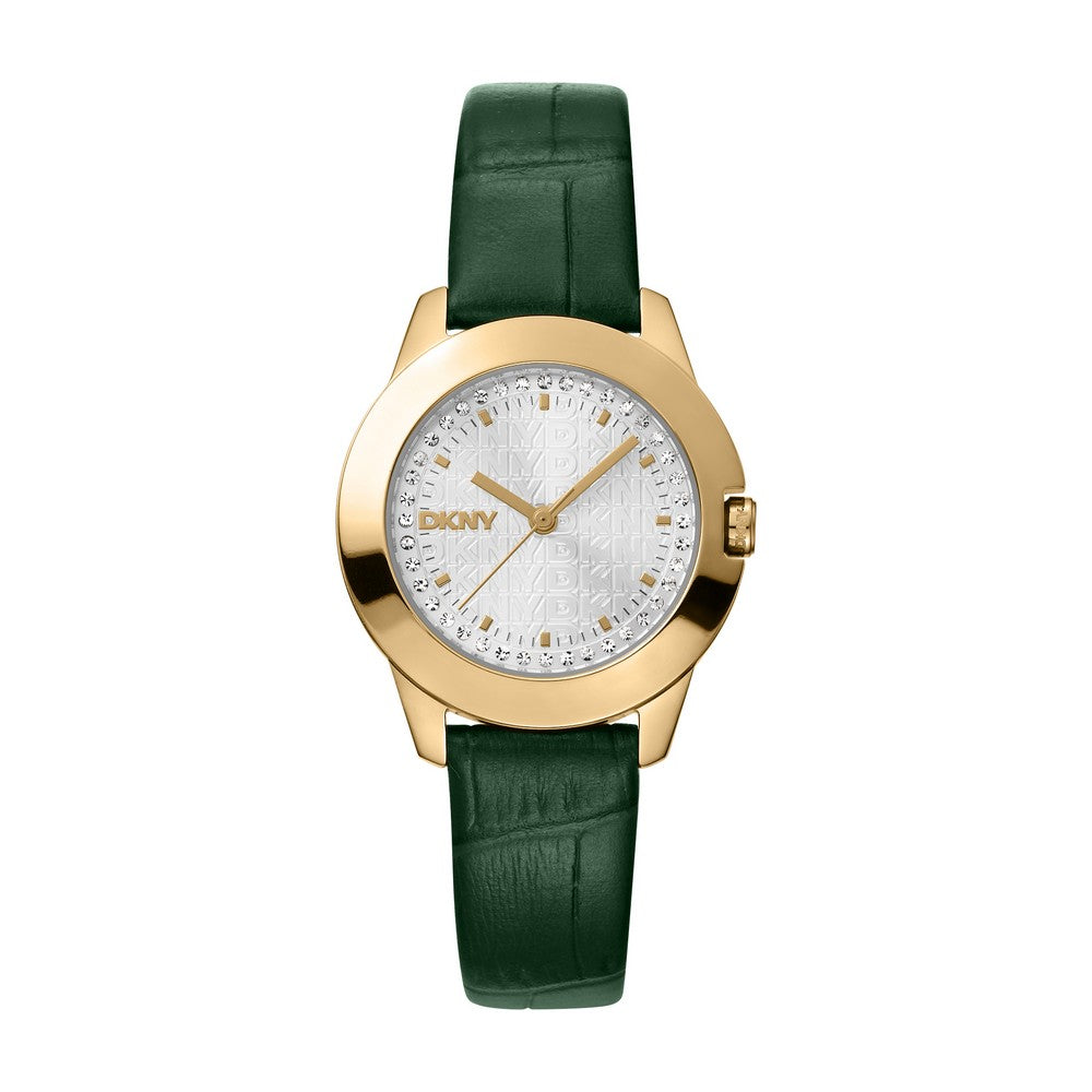 Montre DKNY femme, boîtier doré, cadran argenté, bracelet en cuir vert foncé, 3 aiguilles, 5 ATM