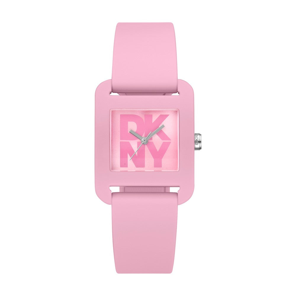 Montre femme DKNY, boîtier couleur rose, cadran rose, bracelet silicone rose, 3 aiguilles, 3 ATM