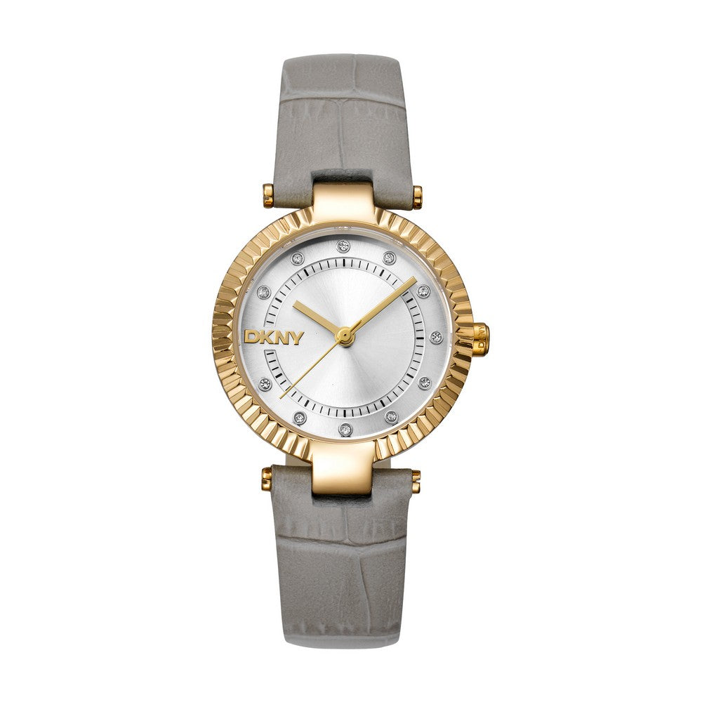 Montre femme DKNY, boîtier couleur or, cadran argenté, bracelet en cuir gris clair, 3 aiguilles, étanche 5 ATM