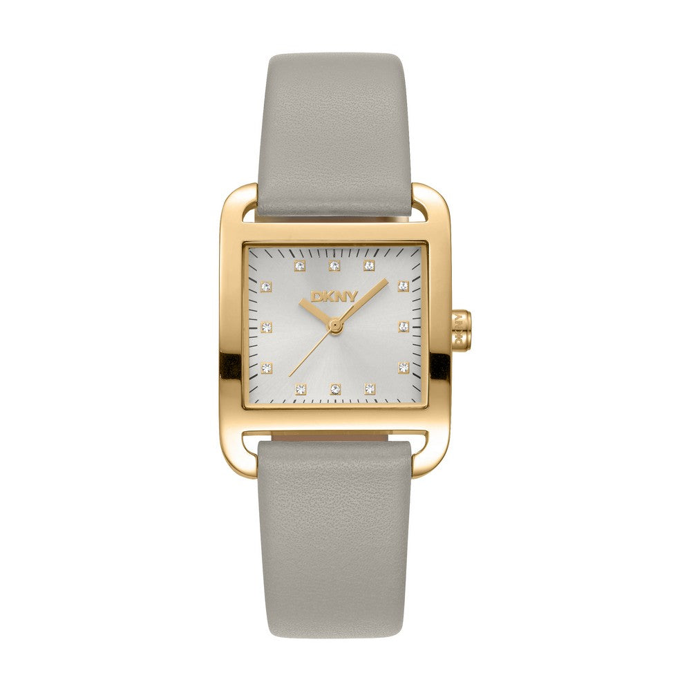 Montre femme DKNY, boîtier doré, cadran argenté, bracelet en cuir gris, 3 aiguilles, 3 ATM