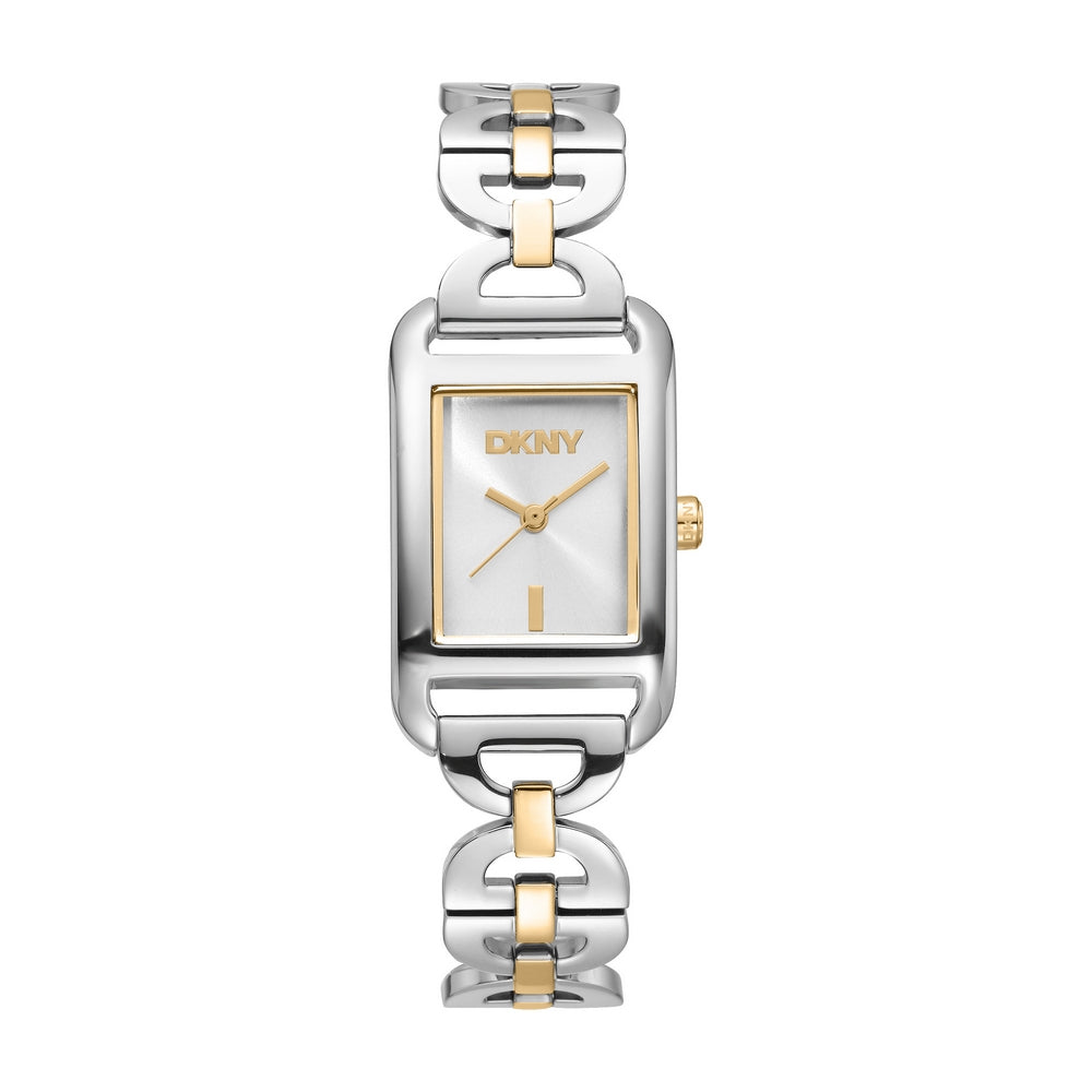 Montre DKNY femme, boîtier bicolore argent et or, cadran argenté, bracelet en métal bicolore argent et or, 3 aiguilles, 3 ATM