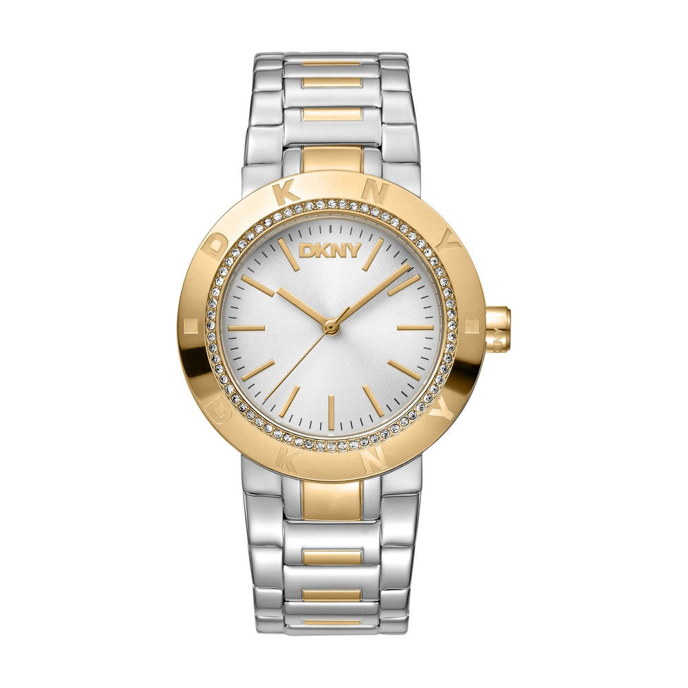 Montre DKNY Femme, boîtier bicolore argent et or, cadran argenté, bracelet en métal bicolore argent et or, 3 aiguilles, étanche 5 ATM