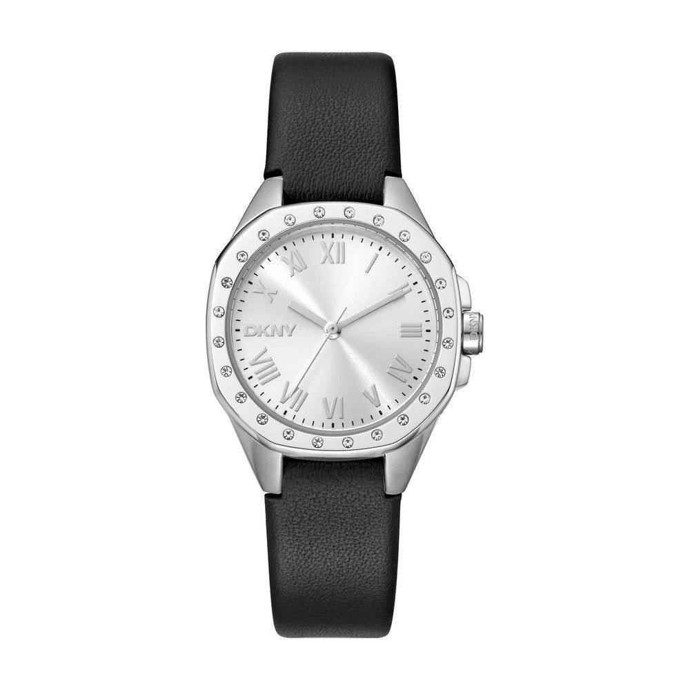 Montre femme DKNY, boîtier couleur argent, cadran argenté, bracelet en cuir noir, 3 aiguilles, 5 ATM