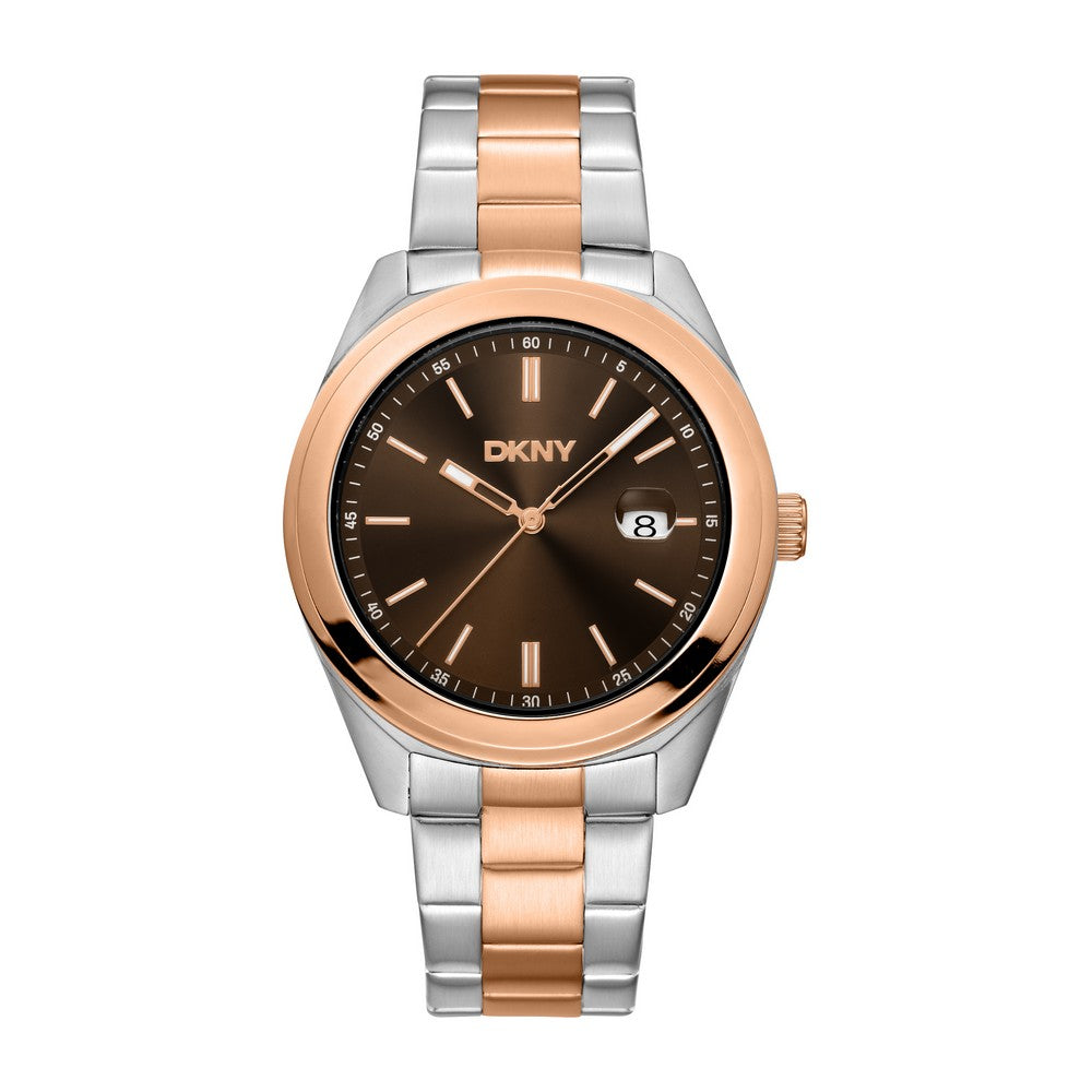 Montre homme DKNY, boîtier bicolore argent et or rose, cadran marron, bracelet métal bicolore argent et or rose, 3 aiguilles, date, 5 ATM
