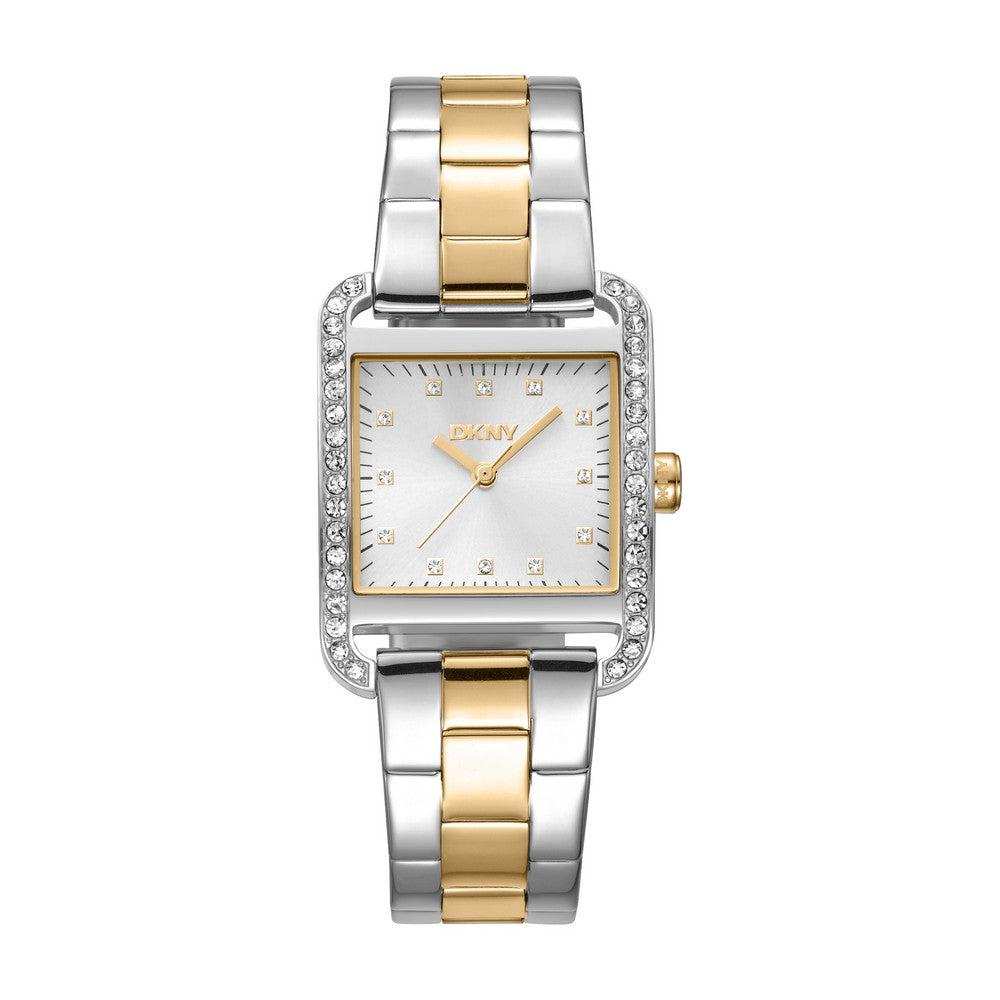 Montre femme DKNY, boîtier bicolore argent et or, cadran argenté, bracelet en métal bicolore argent et or, 3 aiguilles, 3 ATM