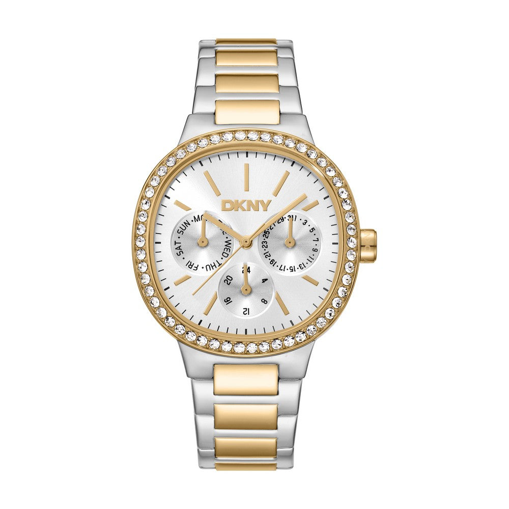 Montre femme DKNY, boîtier bicolore argent et or, cadran argenté, bracelet en métal bicolore argent et or, multifonction, 3 ATM