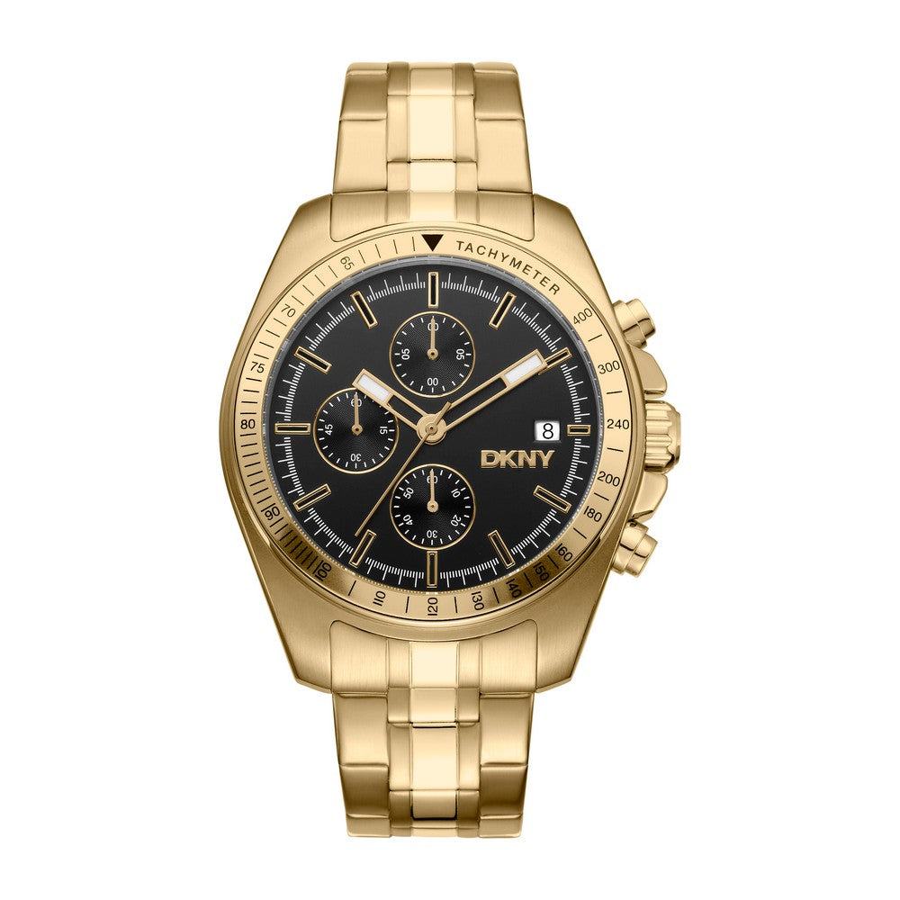 Montre homme DKNY, boîtier couleur or, cadran noir, bracelet en métal couleur or, chronographe, 10 ATM