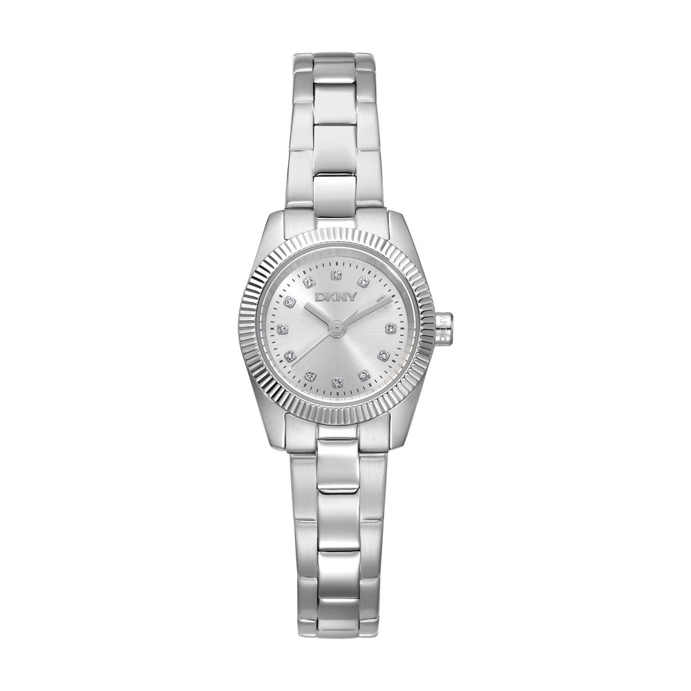 Montre femme DKNY, boîtier couleur argent, cadran argenté, bracelet en acier inoxydable, 3 aiguilles, 5 ATM