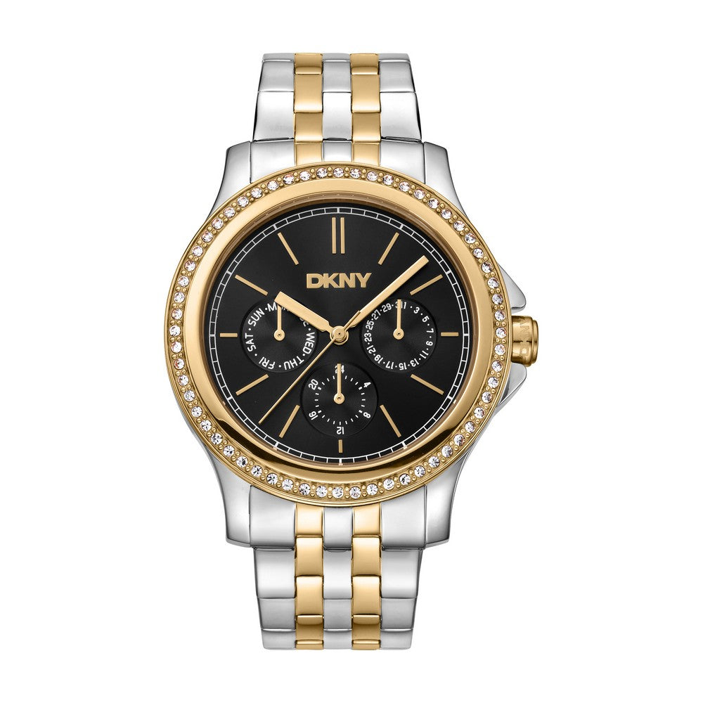 Montre femme DKNY, boîtier bicolore argent et or, cadran noir, bracelet métallique bicolore argent et or, multifonction, étanche 5 ATM