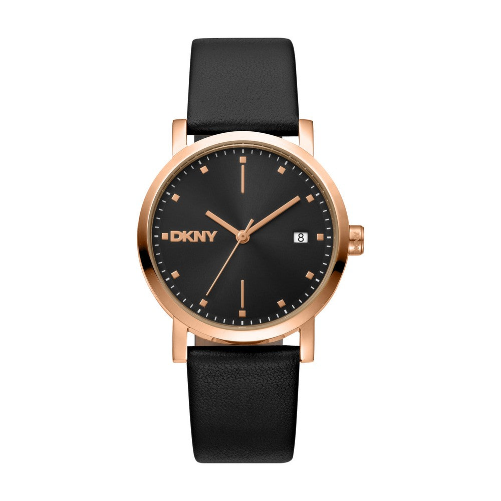 Montre femme DKNY, boîtier couleur or rose, cadran noir, bracelet en cuir noir, date 3 aiguilles, 5 ATM