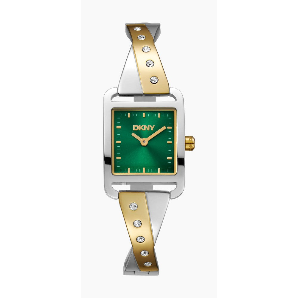 Montre femme DKNY, Boîtier bicolore argent et or, Cadran vert foncé, Bracelet en métal bicolore argent et or, 2 aiguilles, 3 ATM