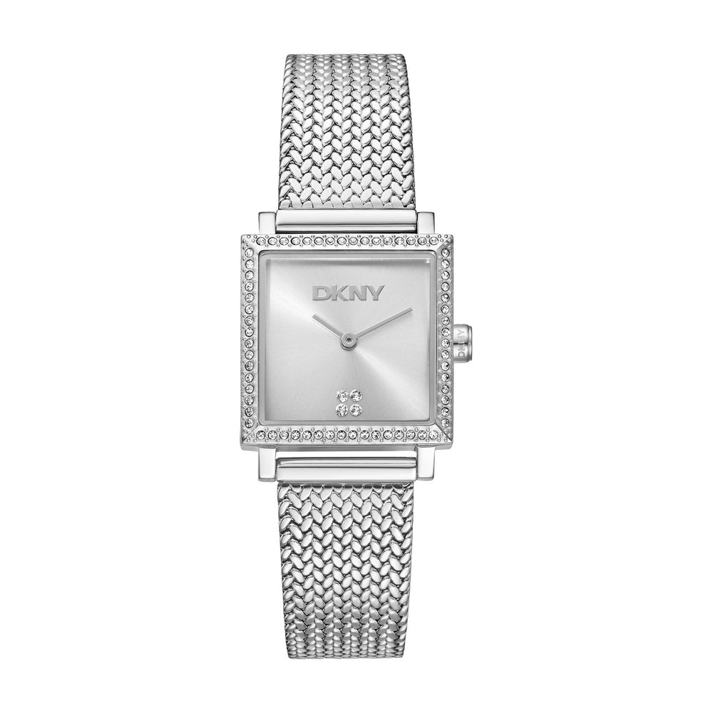Montre femme DKNY, boîtier couleur argent, cadran argenté, bracelet en maille d'acier inoxydable, 2 aiguilles, 3 ATM
