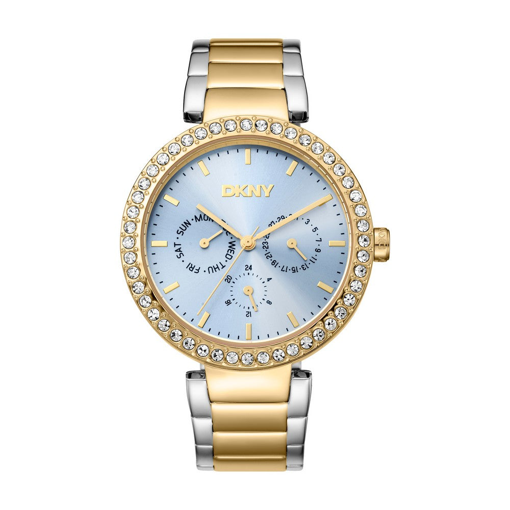 Montre Femme DKNY, Boîtier Bicolore Argent et Or, Cadran Bleu Clair, Bracelet en Métal Bicolore Argent et Or, Multifonction, 5 Atm