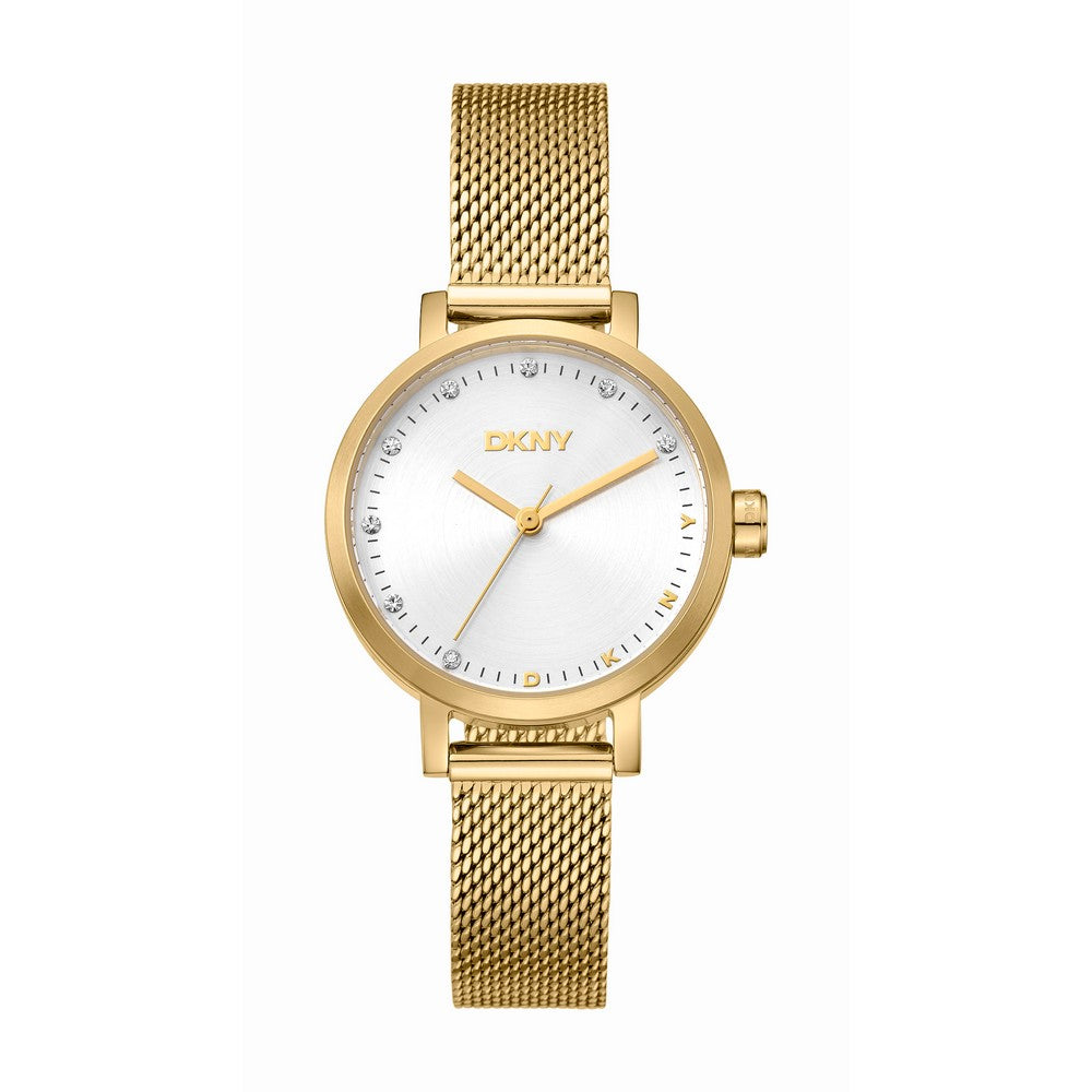 Montre femme DKNY, boîtier couleur or, cadran argenté, bracelet maille couleur or, 3 aiguilles, 5 ATM