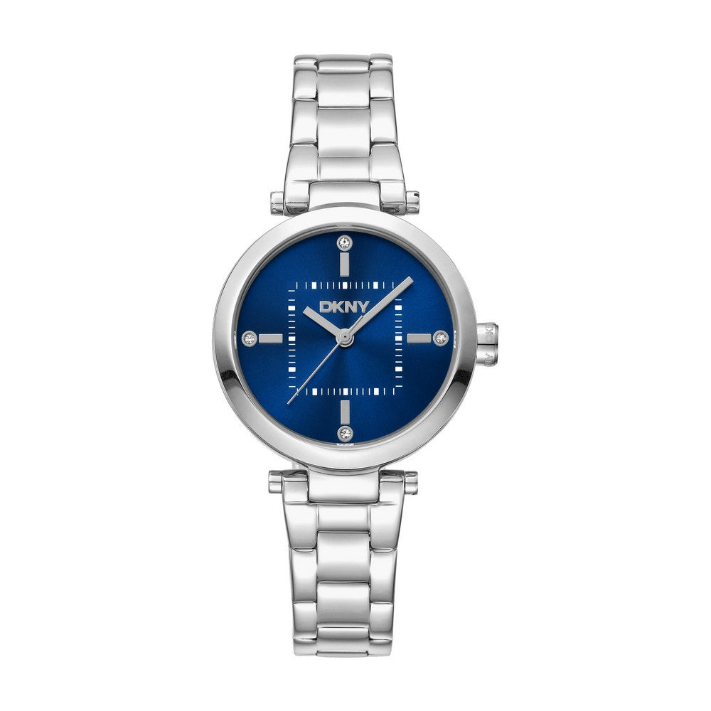 Montre DKNY Femme, Boîtier couleur argent, Cadran bleu foncé, Bracelet en acier inoxydable, 3 aiguilles, 5 ATM