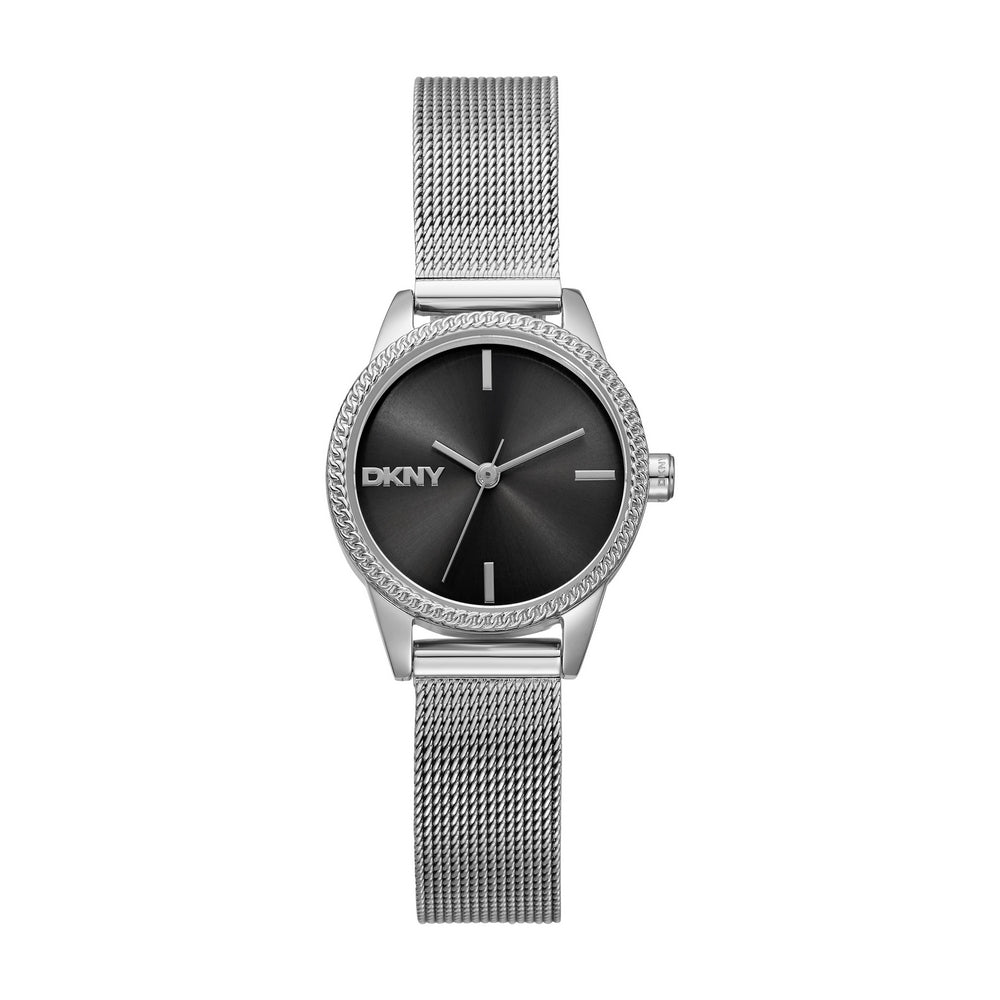 Montre Femme DKNY, Boîtier Argenté, Cadran Noir, Bracelet Maille Acier Inoxydable, 3 Aiguilles, 5 ATM