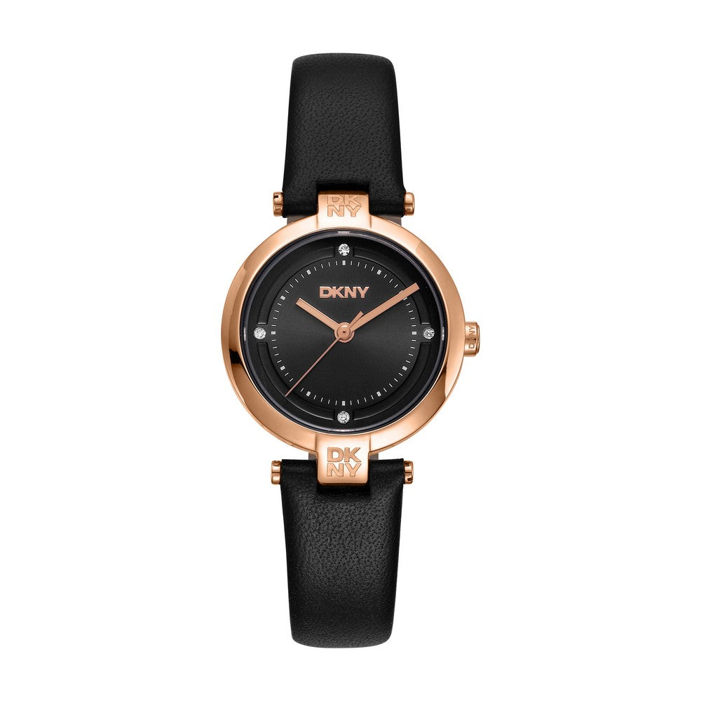 Montre femme DKNY, boîtier couleur or rose, cadran noir, bracelet en cuir noir, 3 aiguilles, 5 ATM