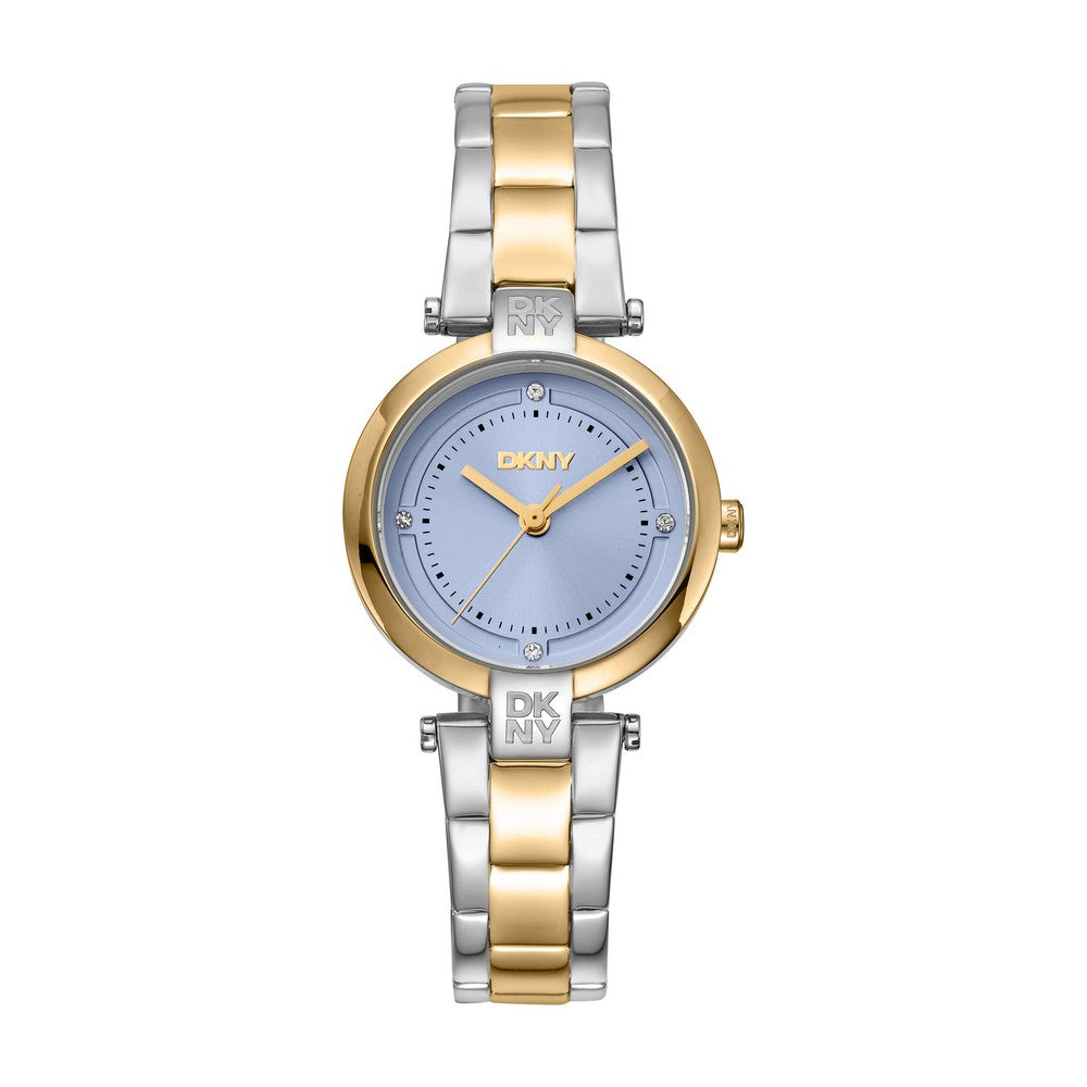 Montre Femme DKNY, Boîtier Bicolore Argent et Or, Cadran Bleu Clair, Bracelet en Métal Bicolore Argent et Or, 3 Aiguilles, 5 ATM