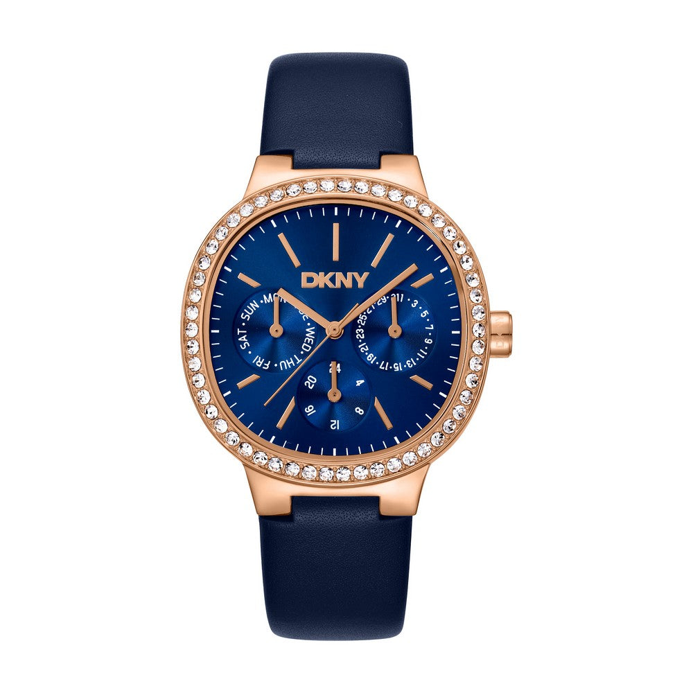 Montre femme DKNY, boîtier couleur or rose, cadran bleu foncé, bracelet en cuir bleu foncé, multifonction, 3 ATM