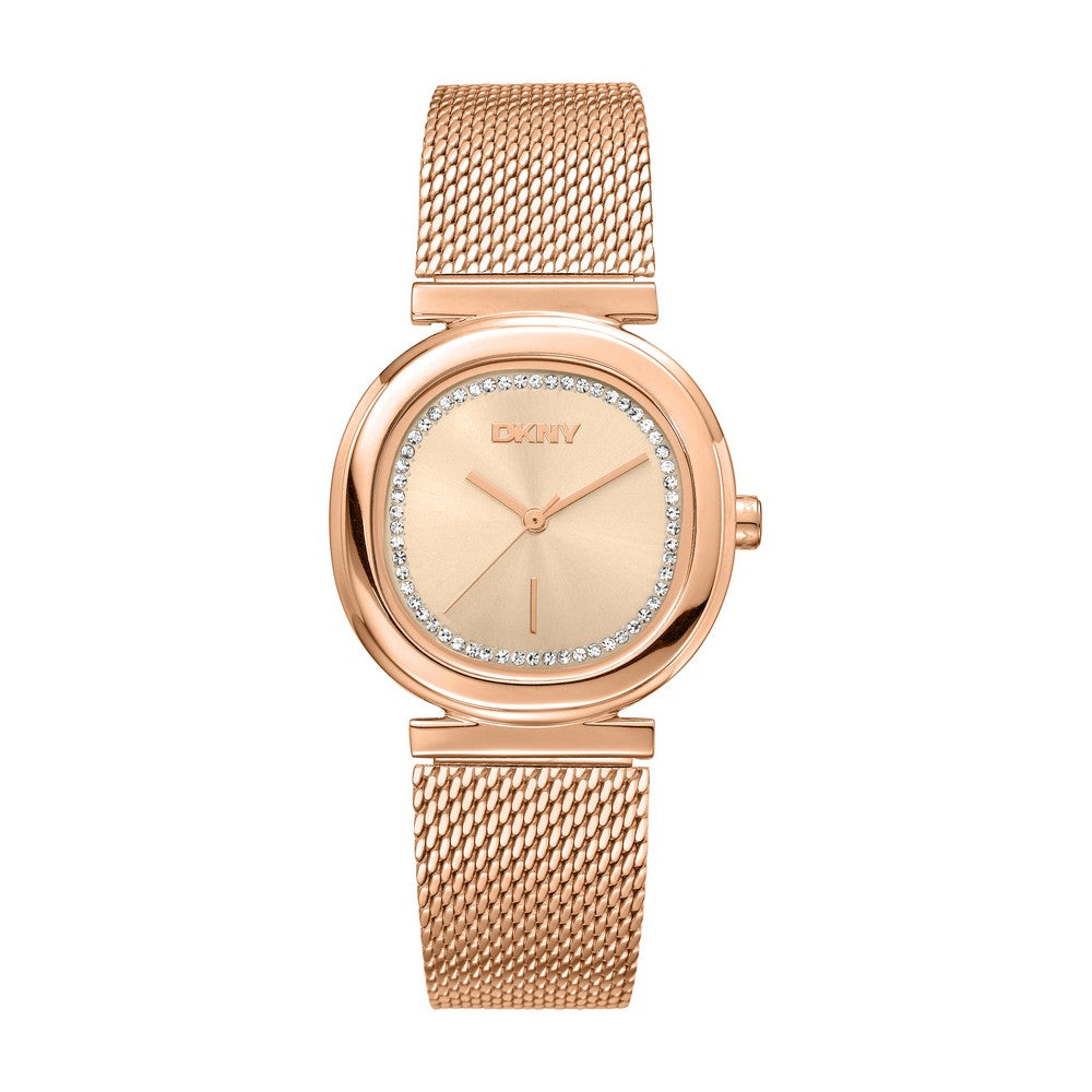 Montre femme DKNY, boîtier couleur or rose, cadran or rose, bracelet en maille couleur or rose, 3 aiguilles, 3 ATM